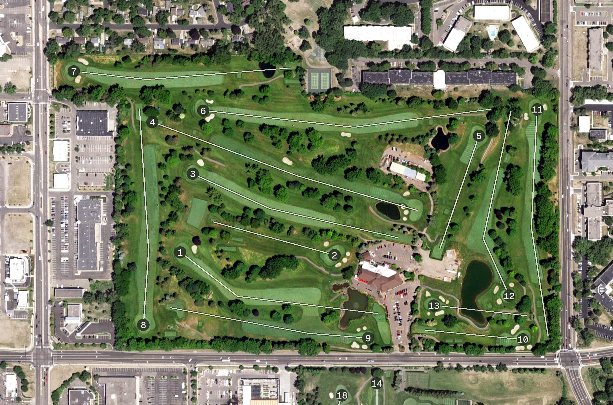 Aerial view of Southview Country Club, MN, with its hole routing marked
