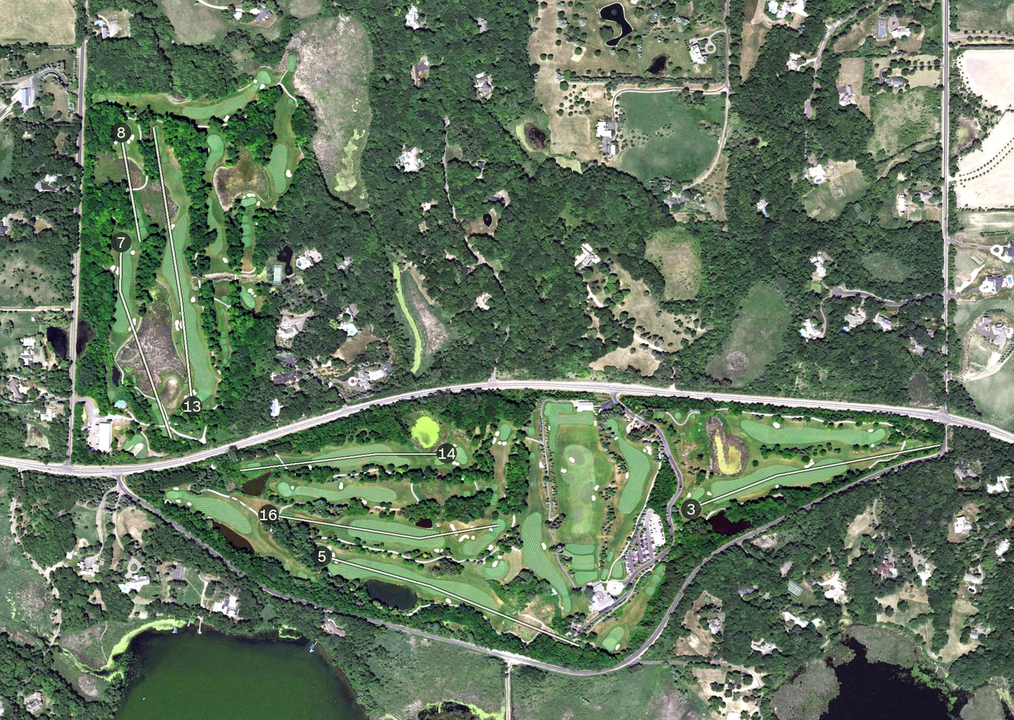 Aerial view of Spring Hill Golf Club, MN, with its hole routing marked