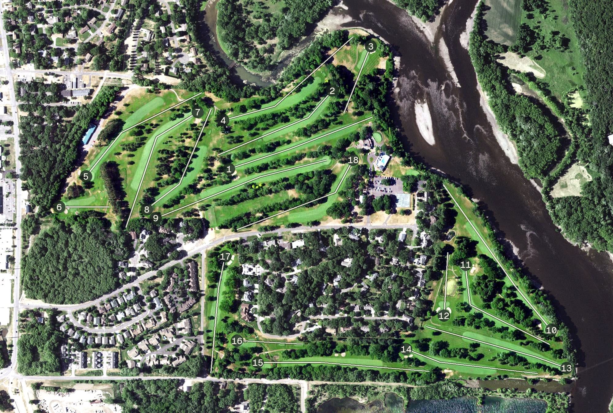 Aerial view of St. Cloud Country Club, MN, with its hole routing marked