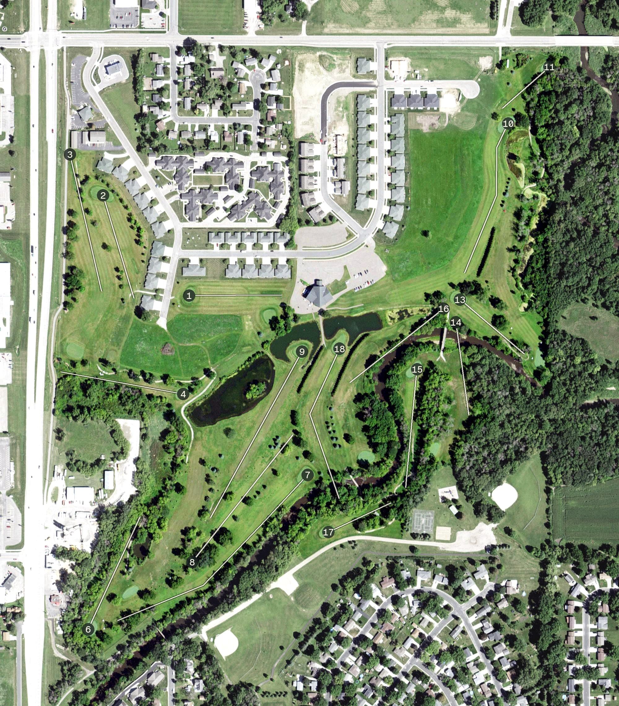 Aerial view of Stewartville Golf Club, MN, with its hole routing marked