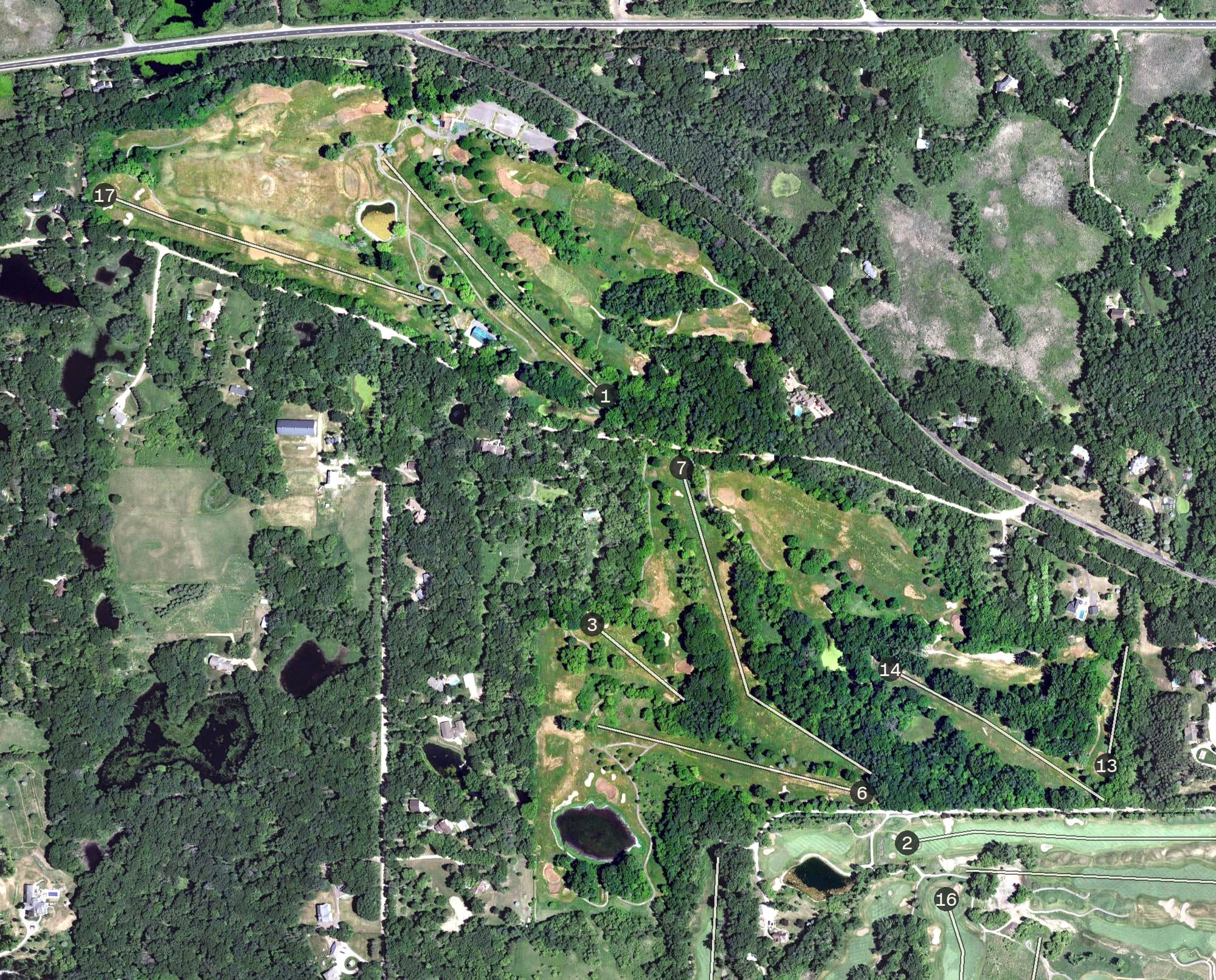 Aerial view of Stillwater Oaks Golf Course, MN, with its hole routing marked