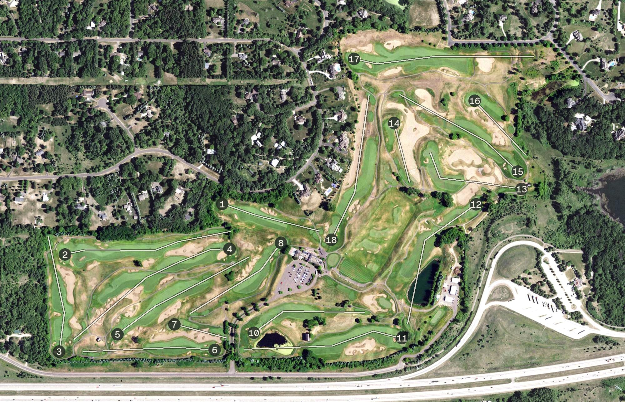 Aerial view of StoneRidge Golf Club, MN, with its hole routing marked