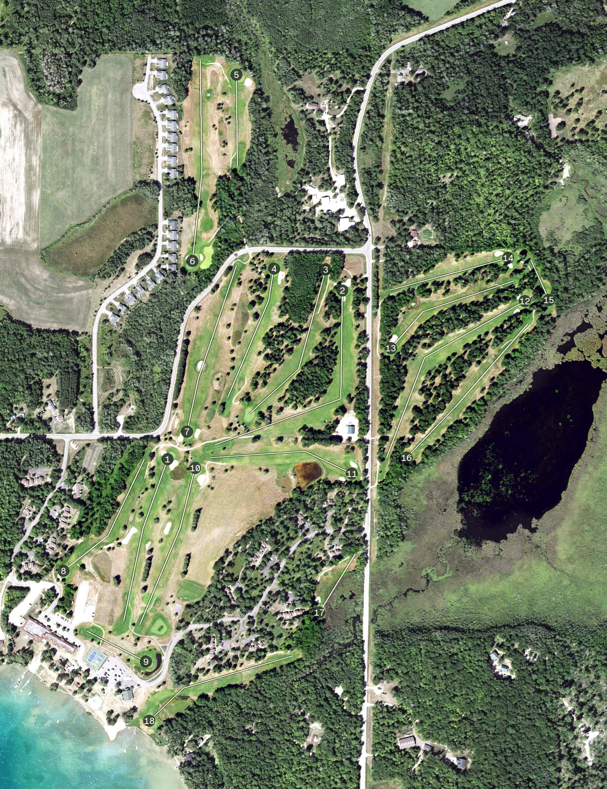 Aerial view of Sugarbrooke Golf Course, MN, with its hole routing marked