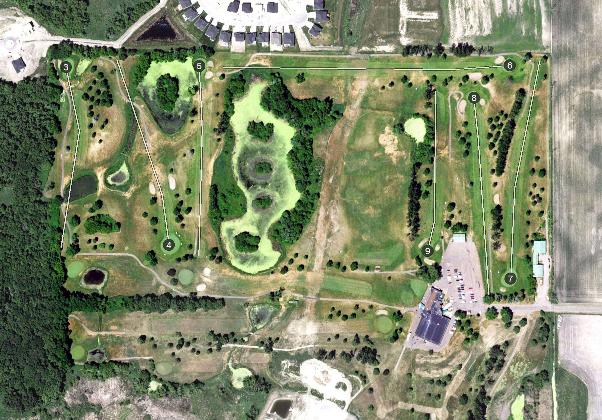 Aerial view of Sundance Golf Banquet Bowl, MN, with its hole routing marked