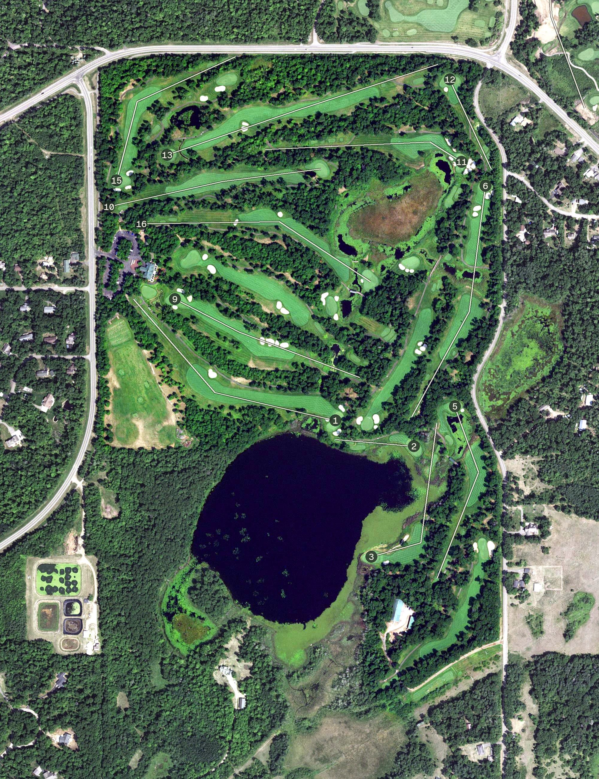Aerial view of The Classic at Madden's, MN, with its hole routing marked