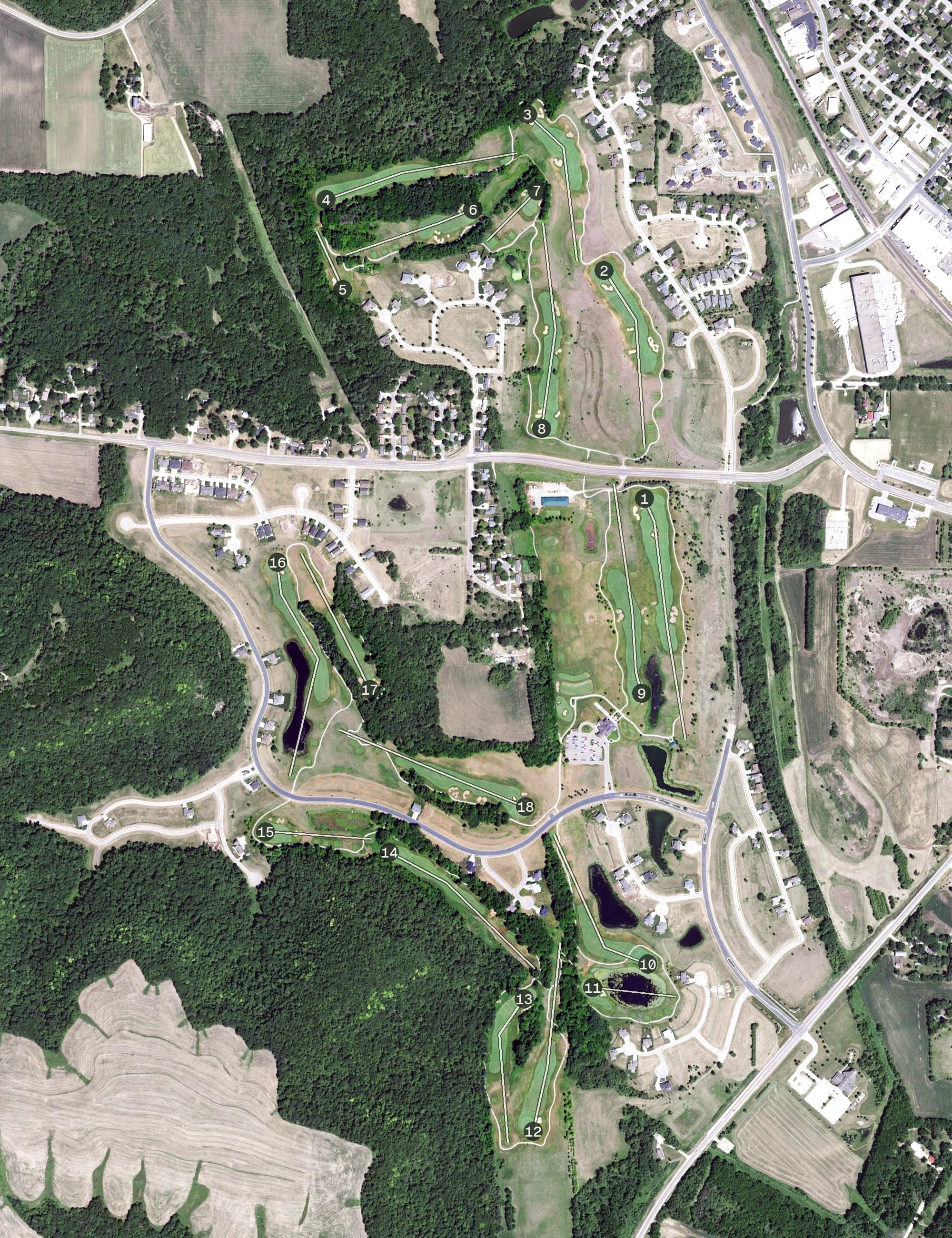 Aerial view of The Jewel Golf Club, MN, with its hole routing marked