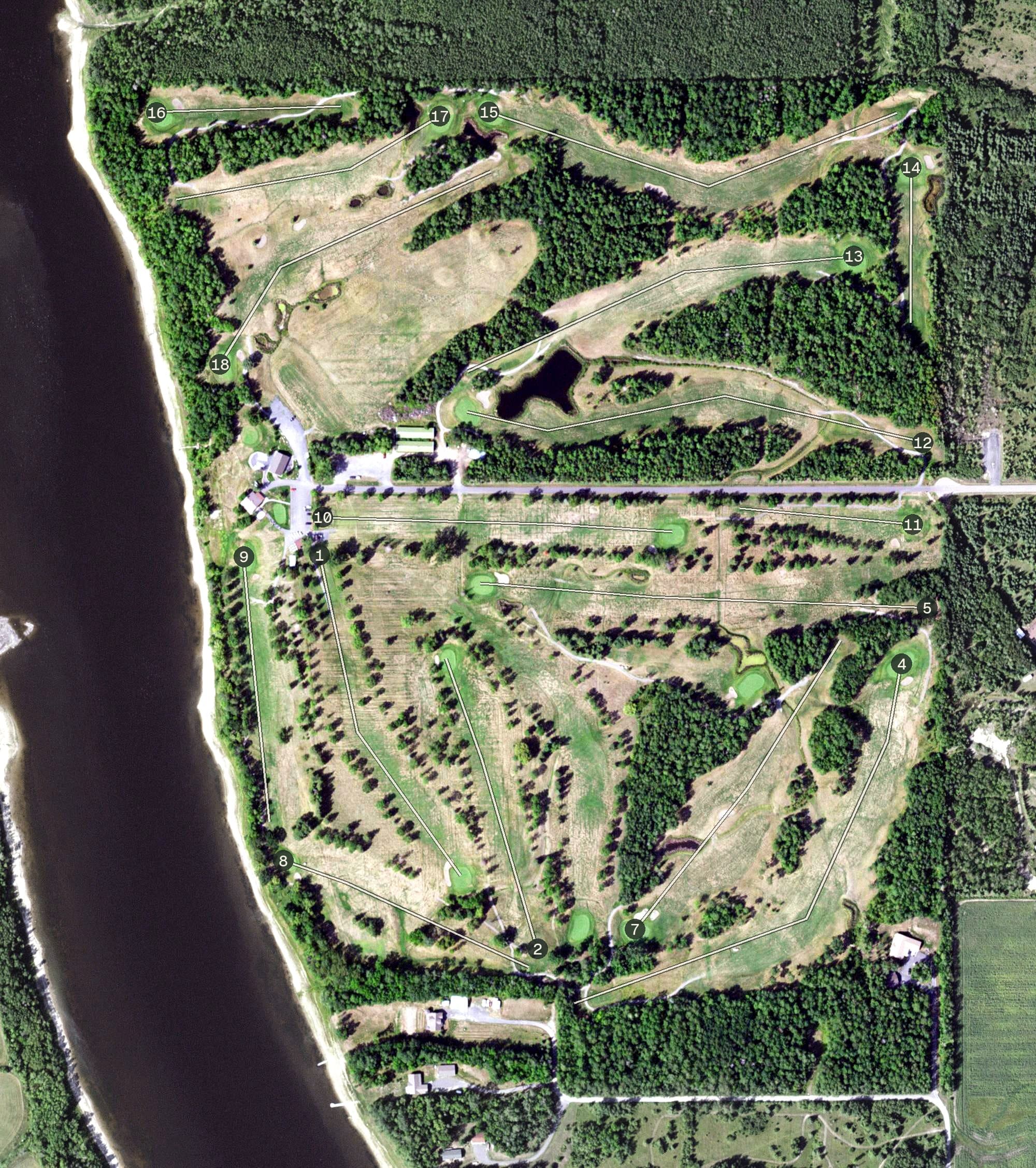 Aerial view of The River Golf Course, Inc., MN, with its hole routing marked