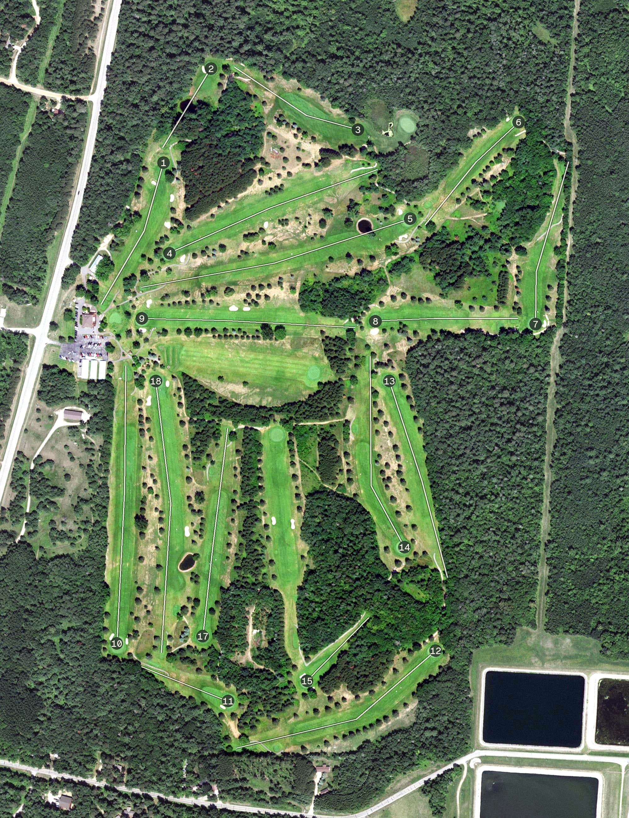 Aerial view of Tianna Country Club, MN, with its hole routing marked