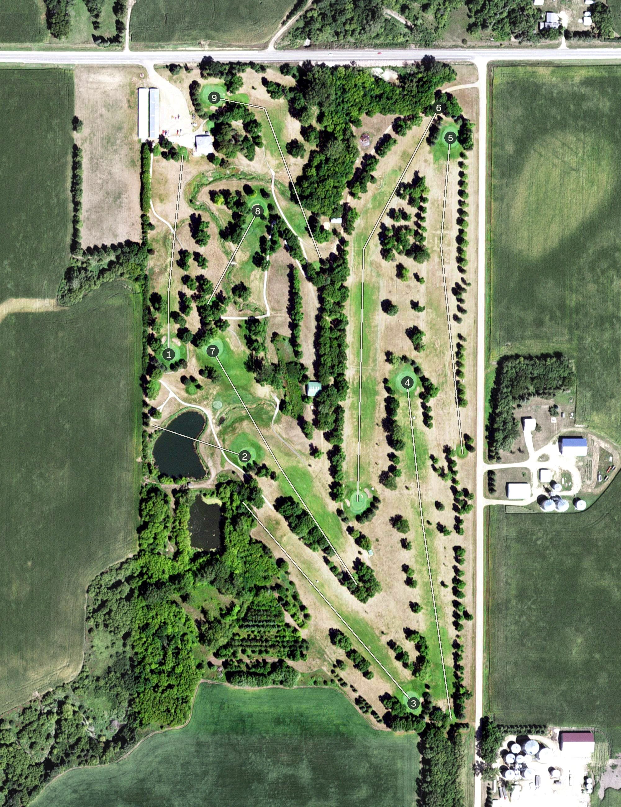 Aerial view of Tracy Country Club, MN, with its hole routing marked