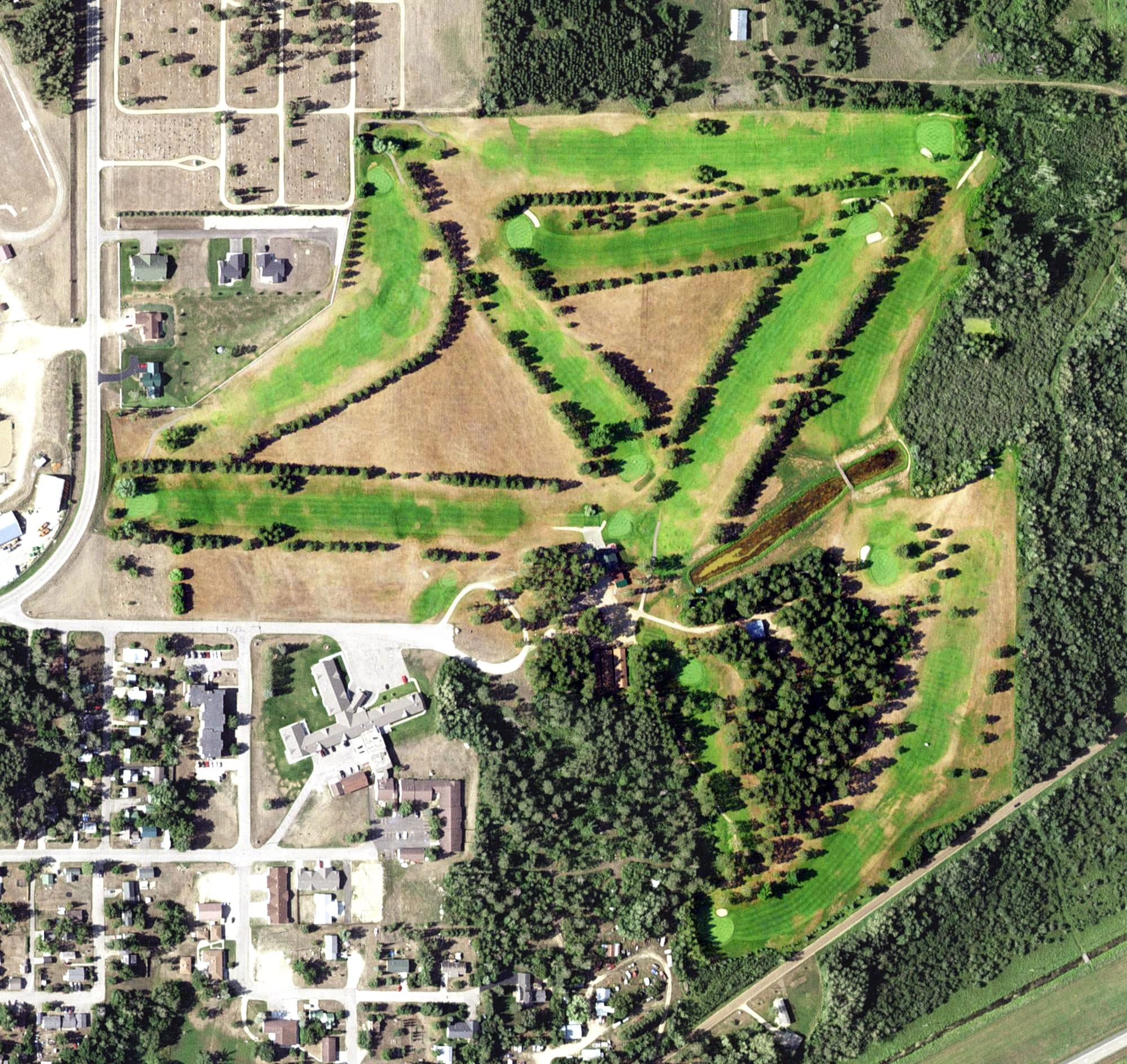 Aerial view of Twin Pines Golf Course, MN, with its hole routing marked