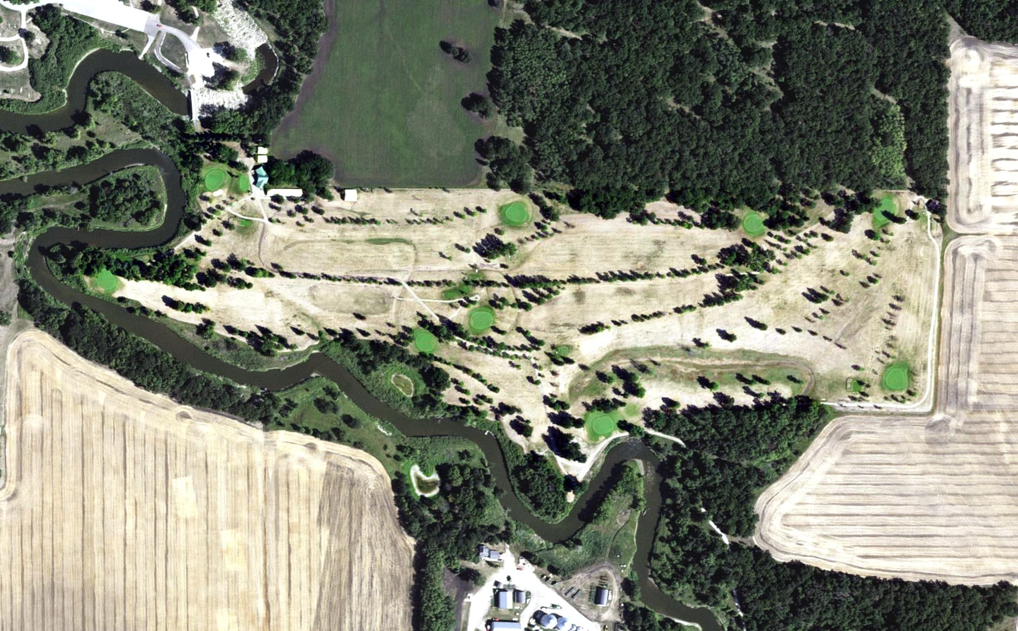 Aerial view of Two Rivers Golf Club, MN, with its hole routing marked