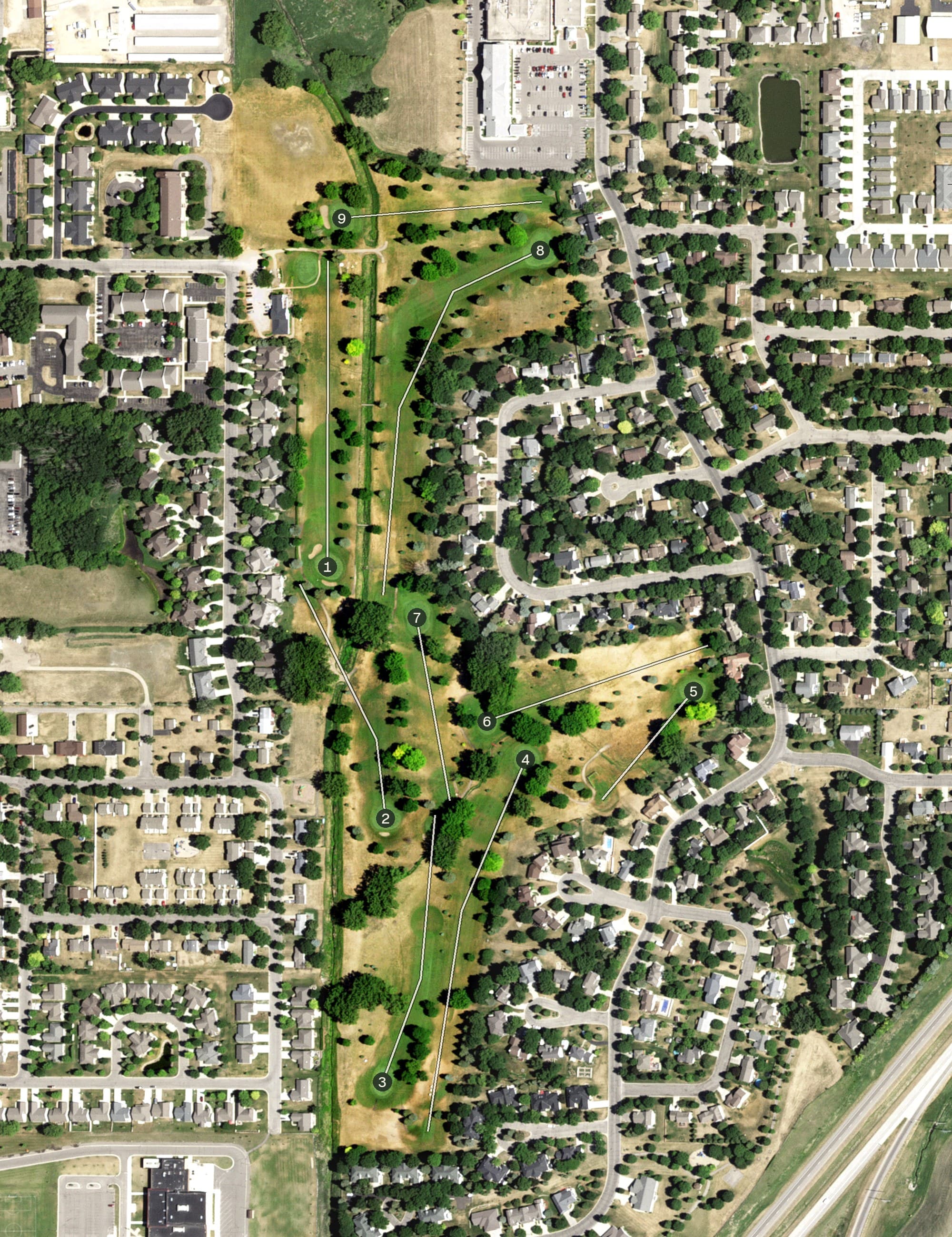 Aerial view of Valley Golf Course, MN, with its hole routing marked