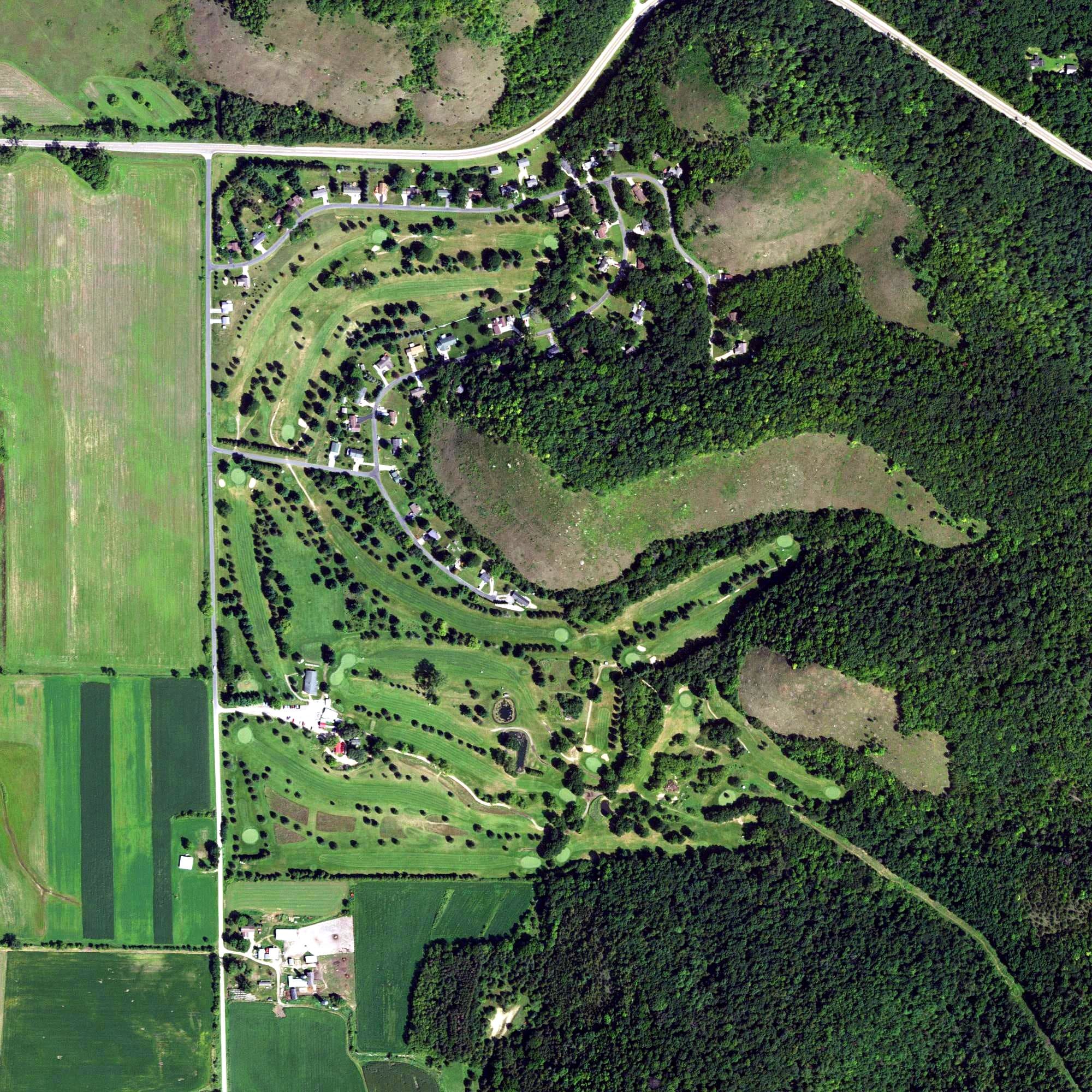 Aerial view of Valley High Golf Course, MN, with its hole routing marked