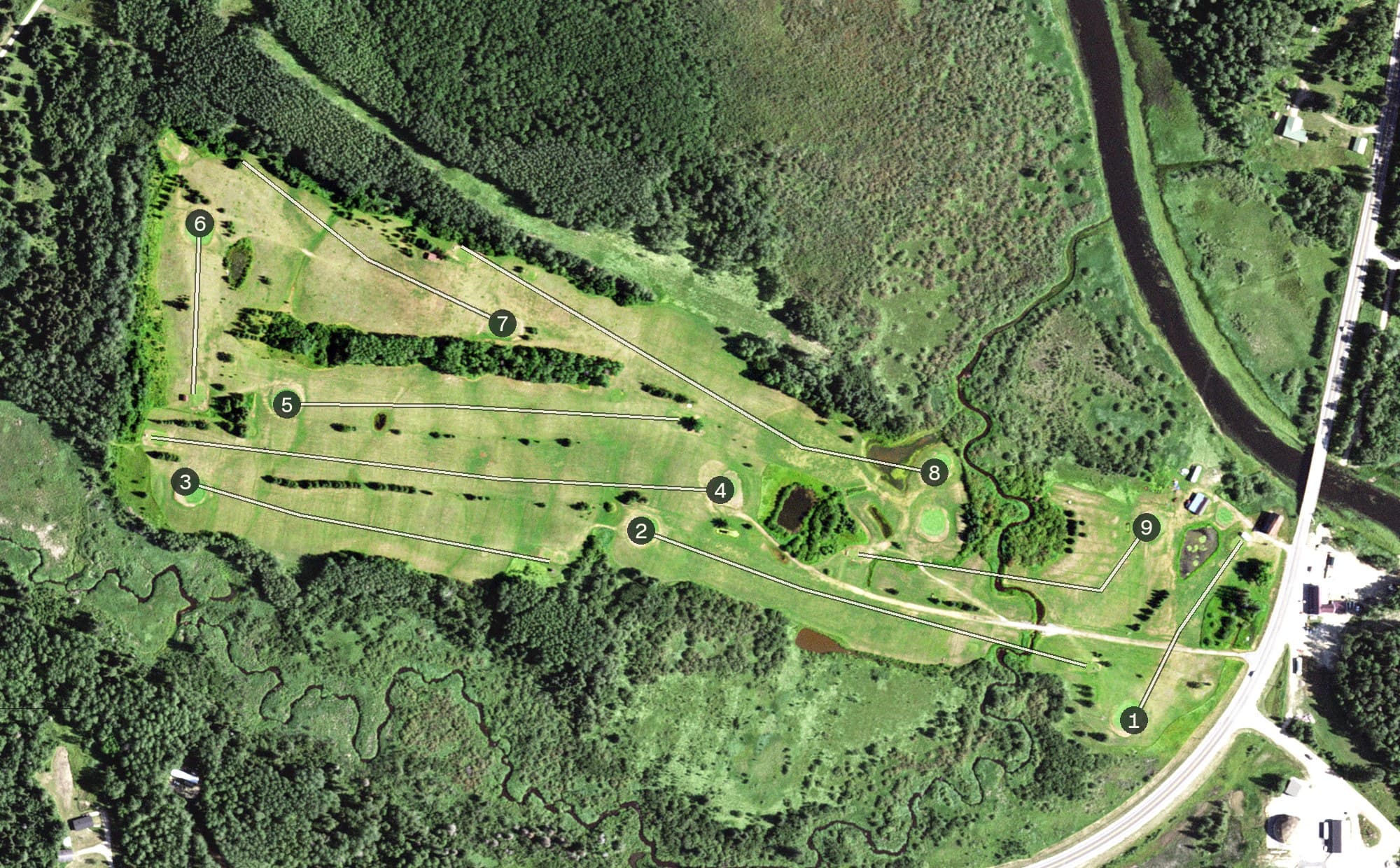 Aerial view of Vermilion River Greens, MN, with its hole routing marked