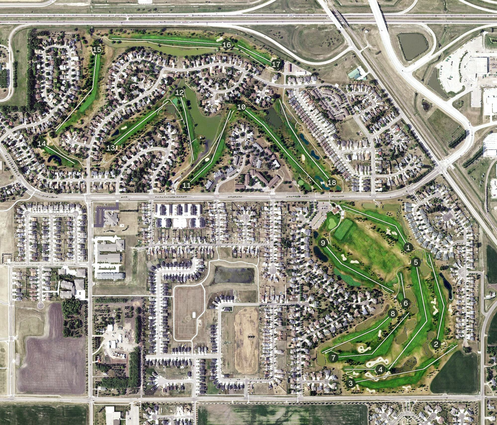 Aerial view of Village Green Golf Course, MN, with its hole routing marked