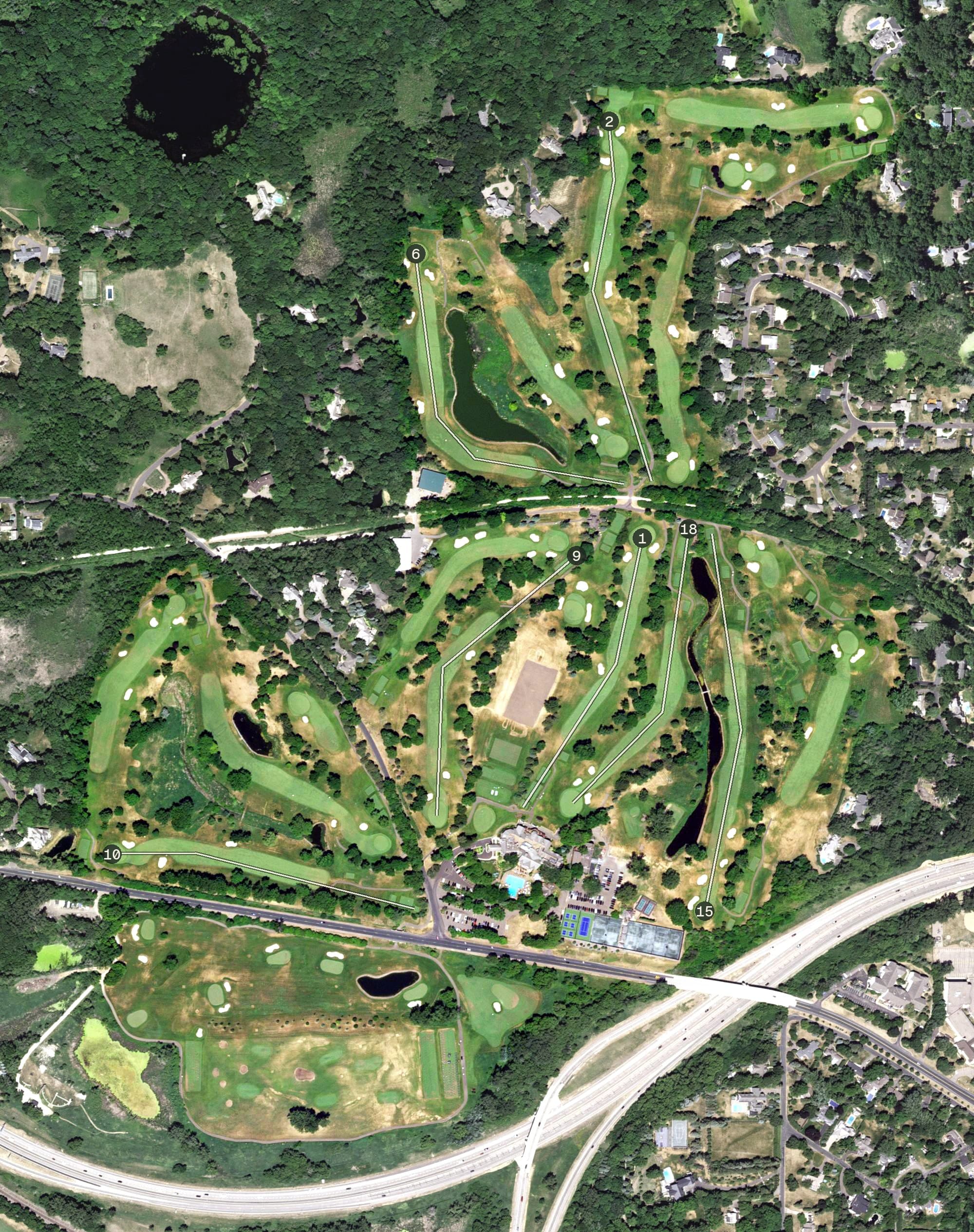 Aerial view of Wayzata Country Club, MN, with its hole routing marked