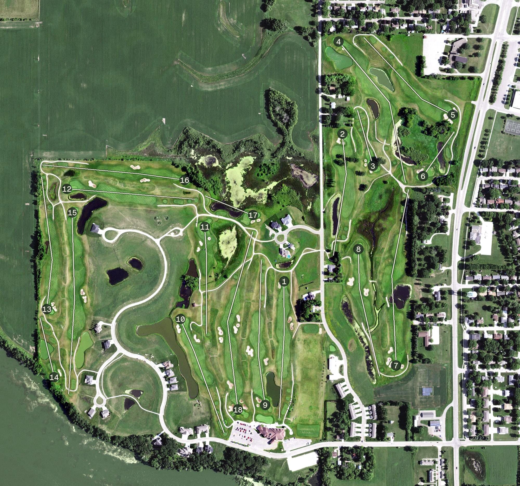 Aerial view of Wedgewood Cove Golf Club, MN, with its hole routing marked