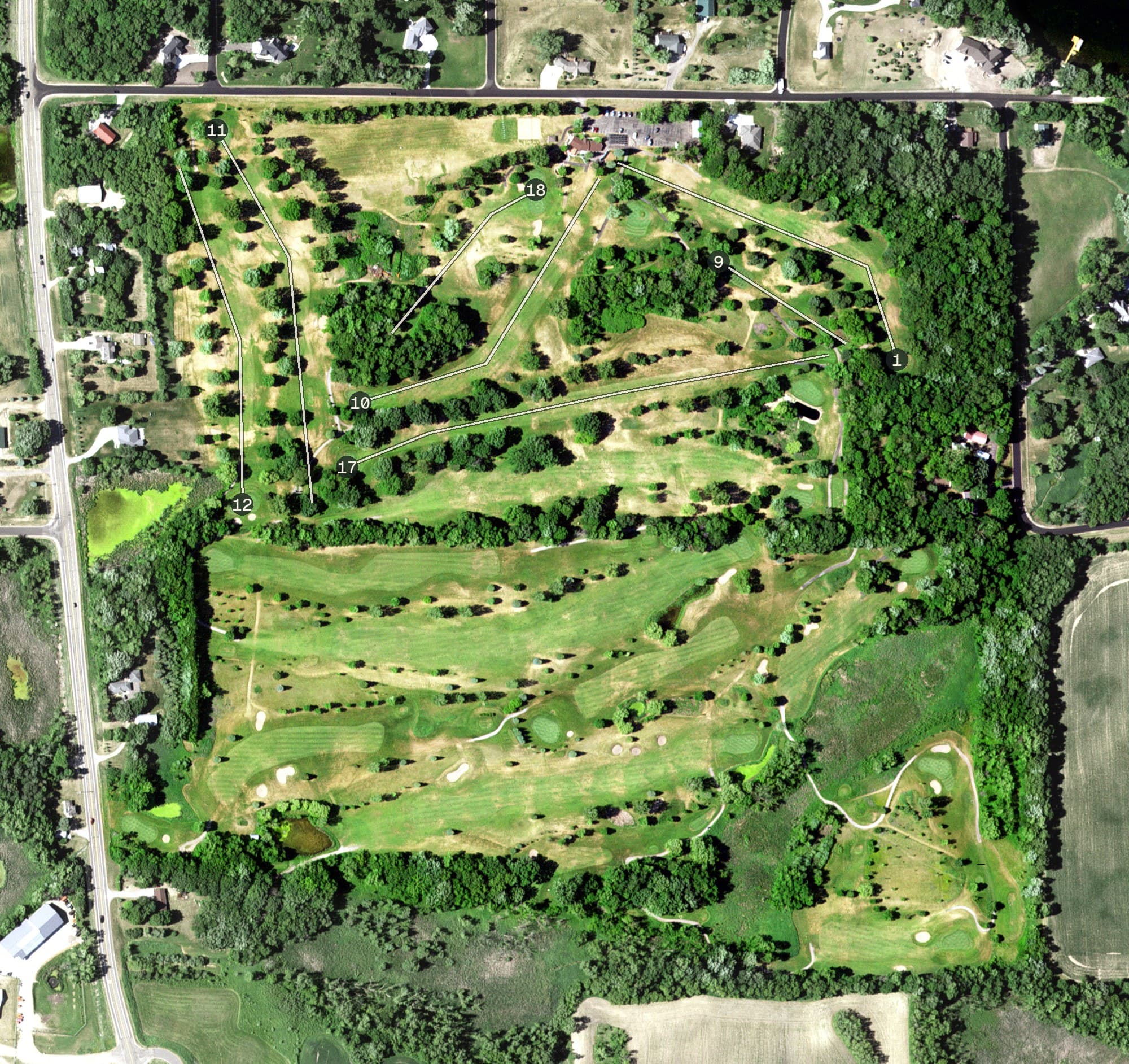 Aerial view of Whispering Pines Golf Course, MN, with its hole routing marked