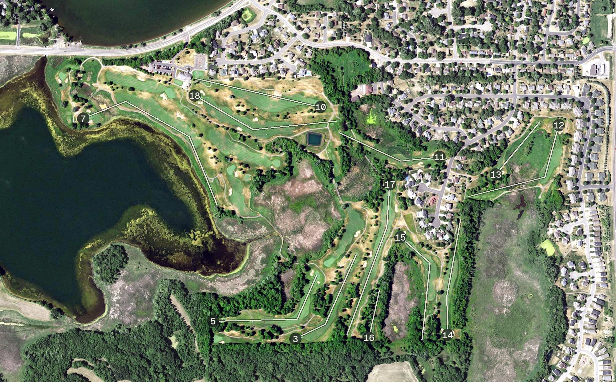 Aerial view of Wild Marsh Golf Club, MN, with its hole routing marked