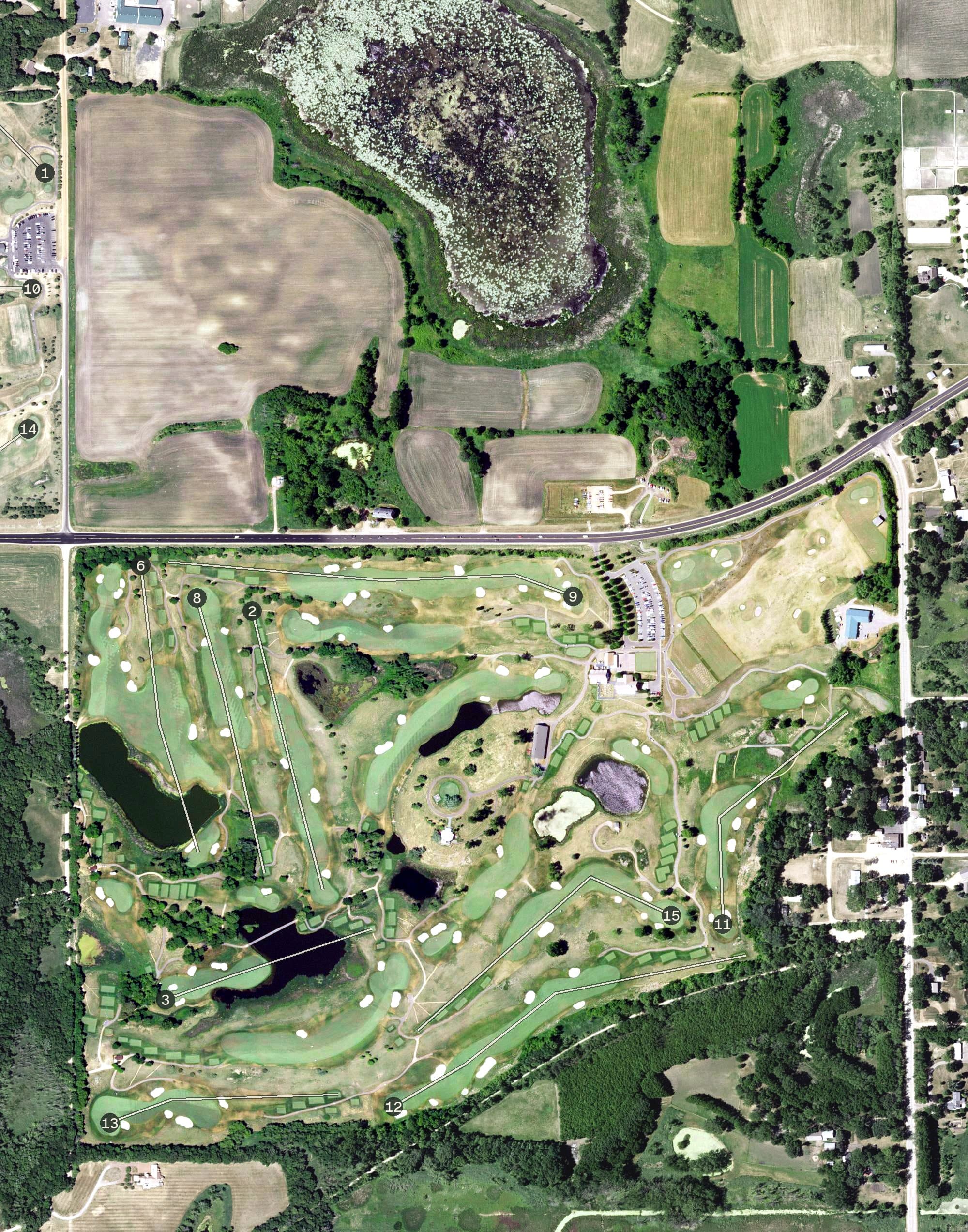 Aerial view of Windsong Farm Golf Club, MN, with its hole routing marked