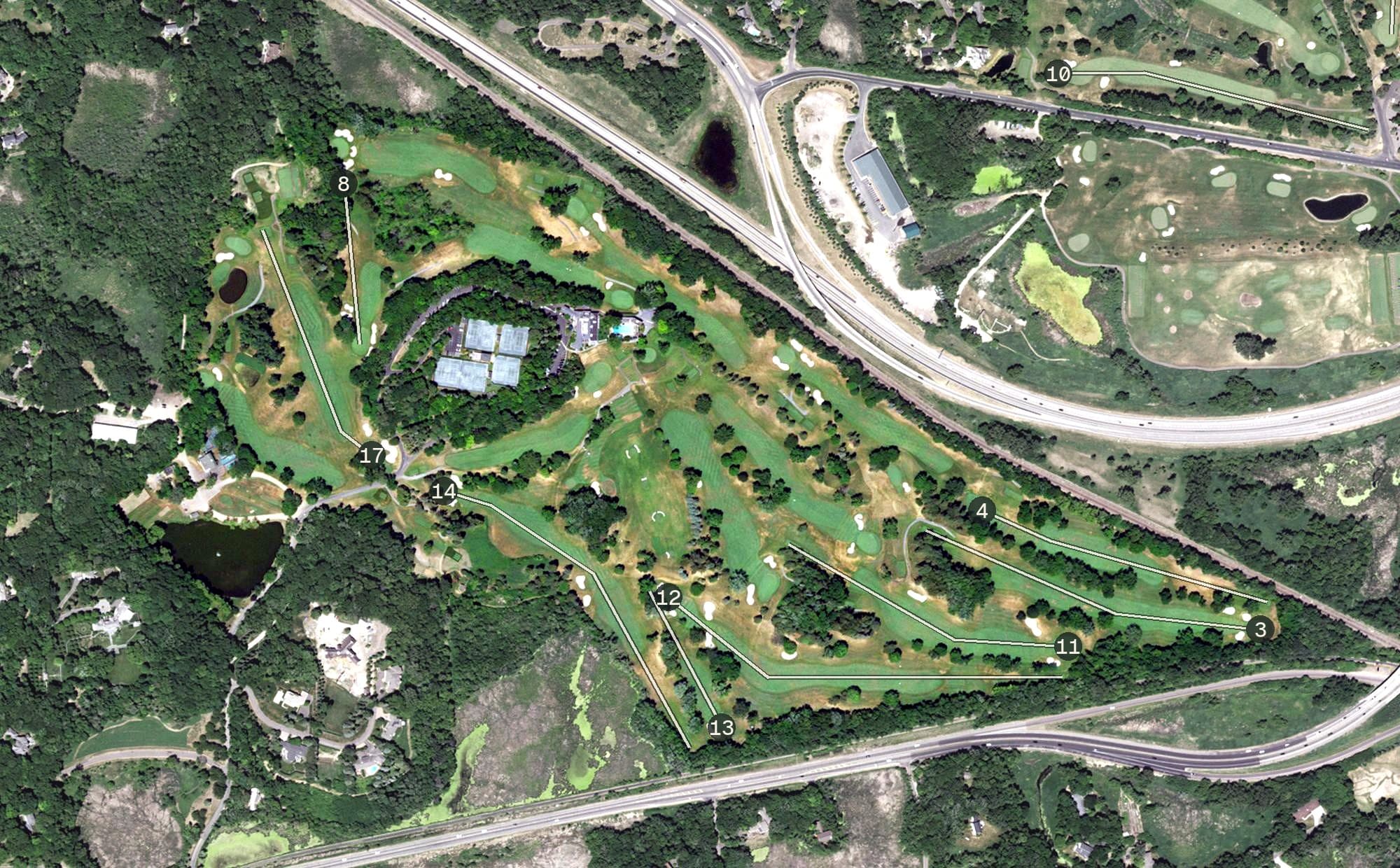 Aerial view of Woodhill Country Club, MN, with its hole routing marked
