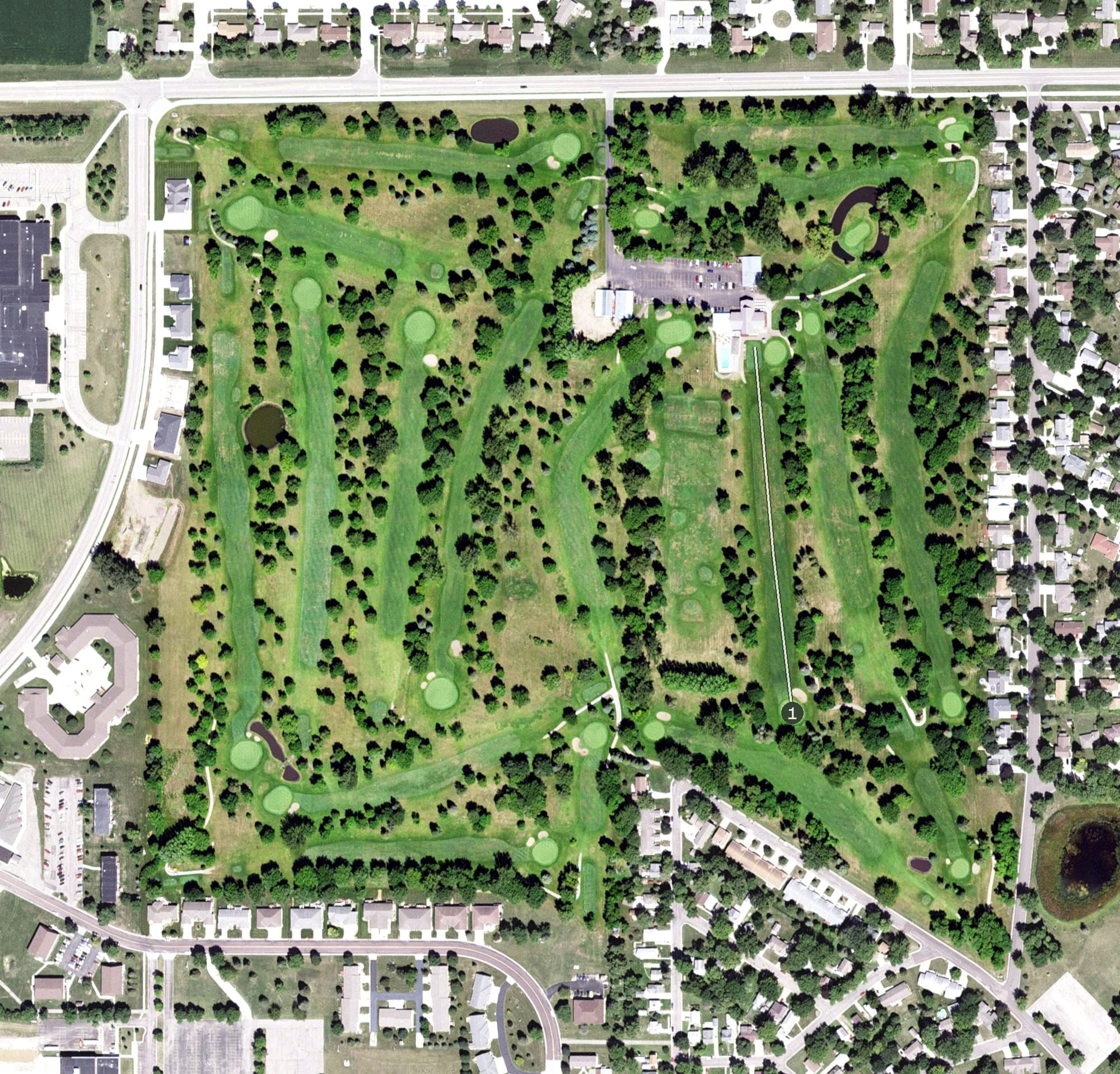Aerial view of Worthington Country Club, MN, with its hole routing marked