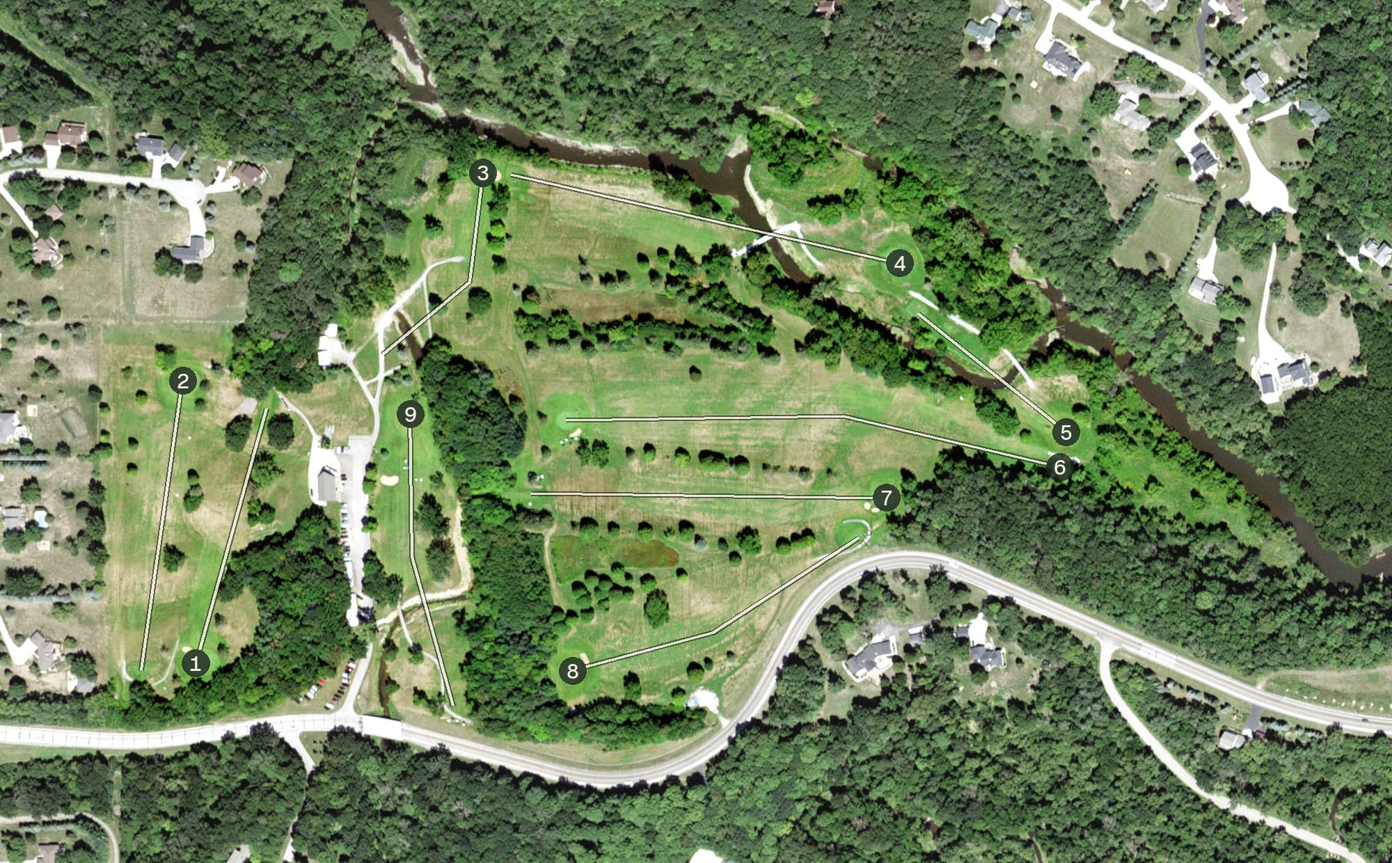 Aerial view of Zumbro Valley Golf Course, MN, with its hole routing marked