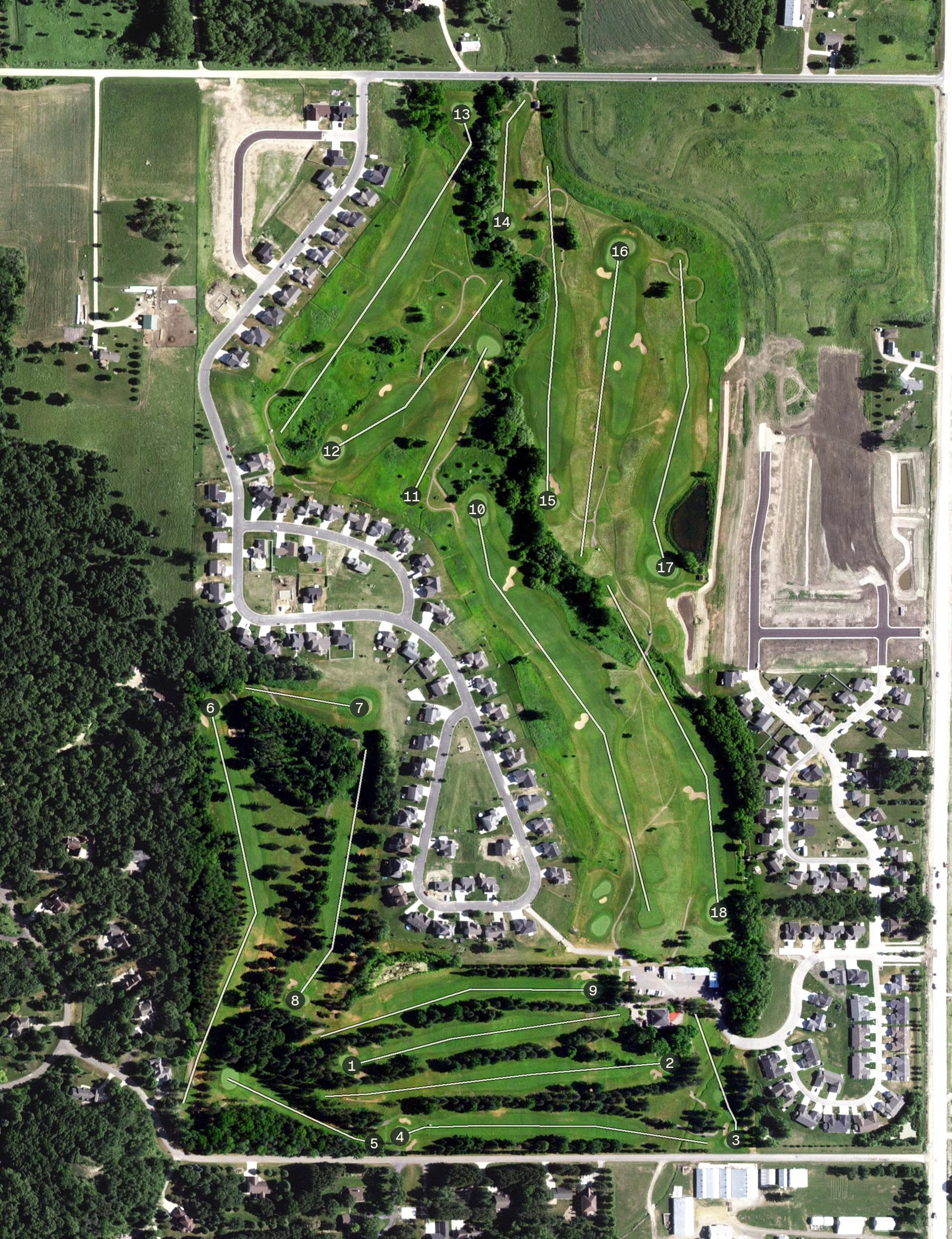 Aerial view of Zumbrota Golf Club, MN, with its hole routing marked