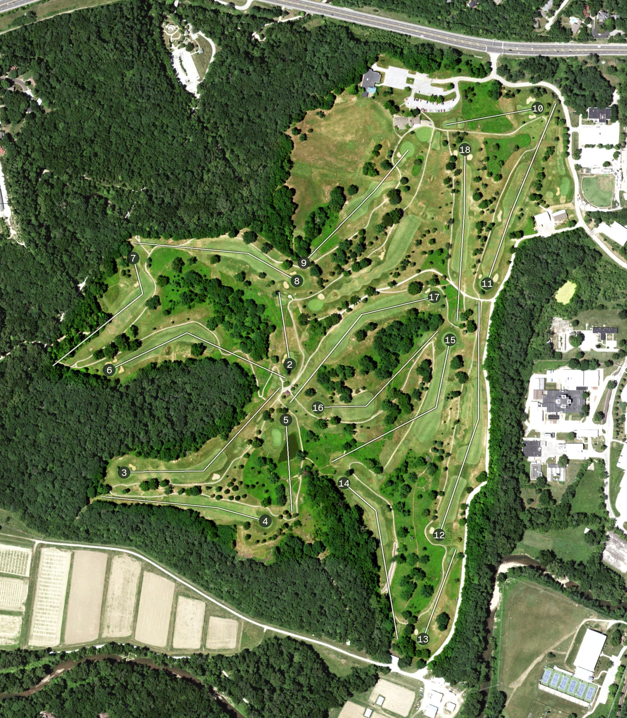 Aerial view of A. L. Gustin Golf Course, MO, with its hole routing marked
