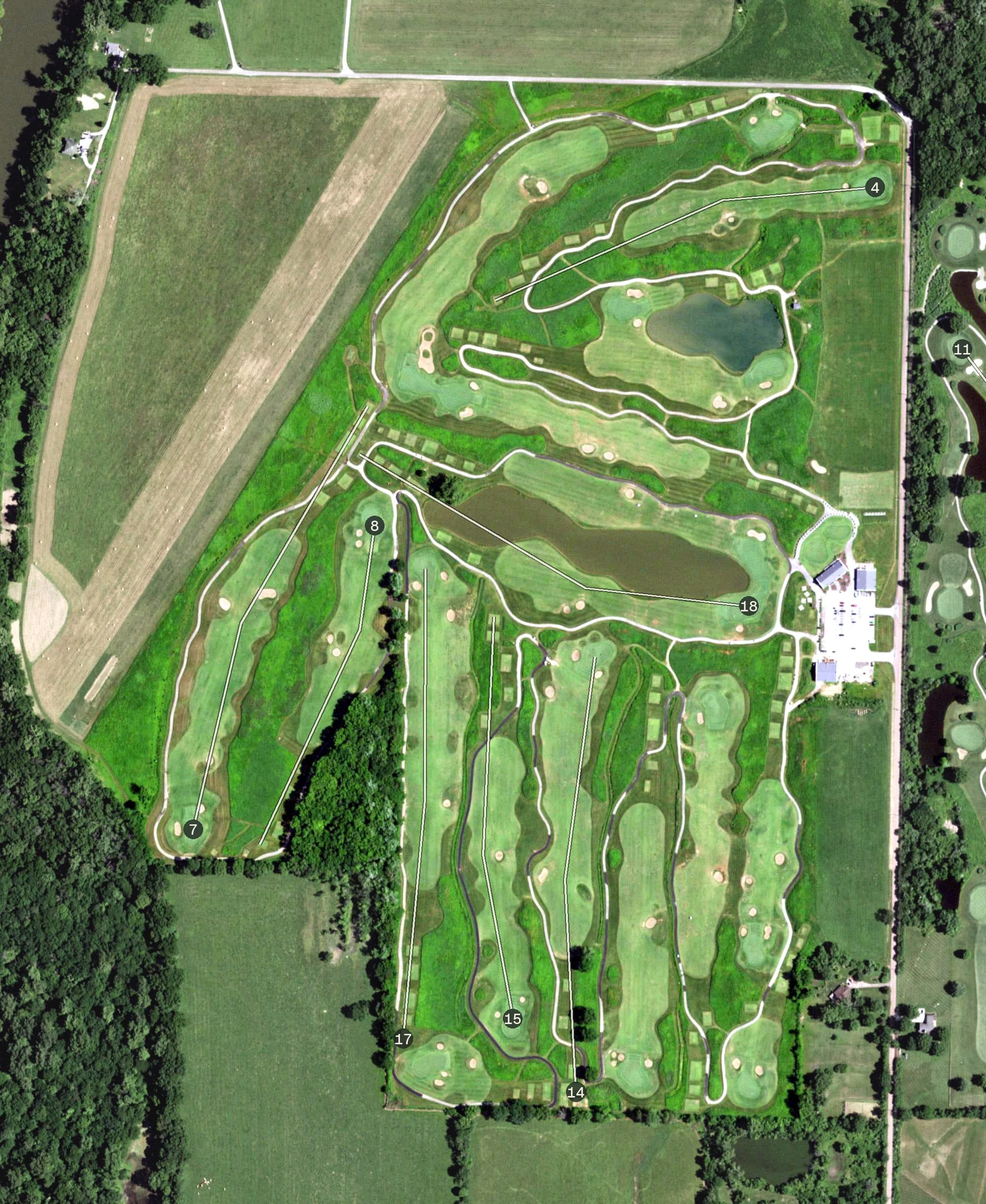 Aerial view of Aberdeen Golf Club, MO, with its hole routing marked