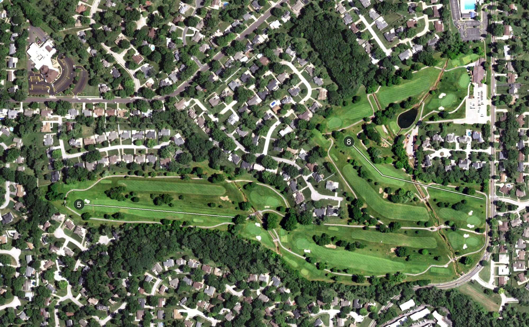 Aerial view of Ballwin Golf Course & Event Center, MO, with its hole routing marked
