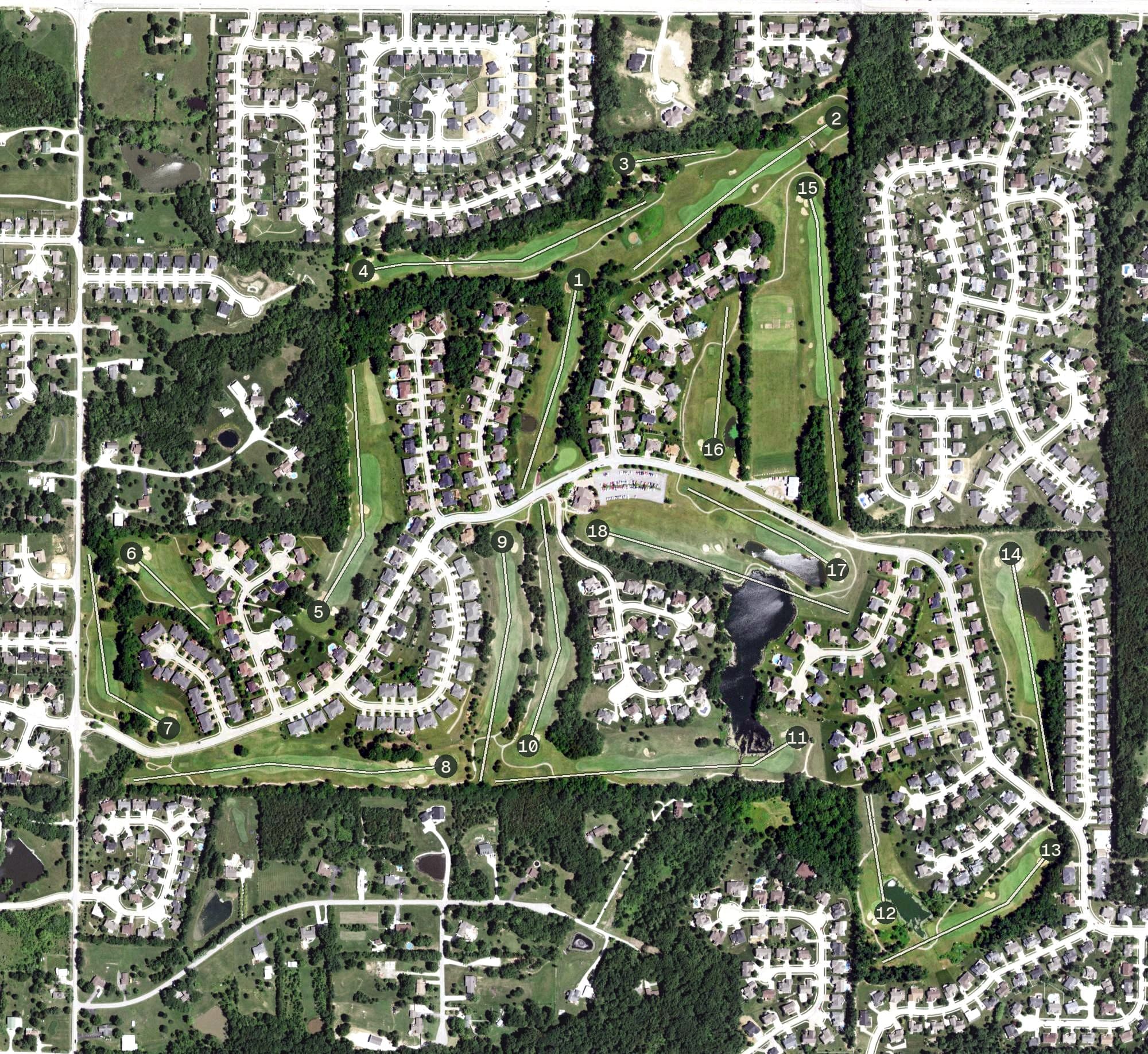 Aerial view of Bear Creek Golf Club, MO, with its hole routing marked