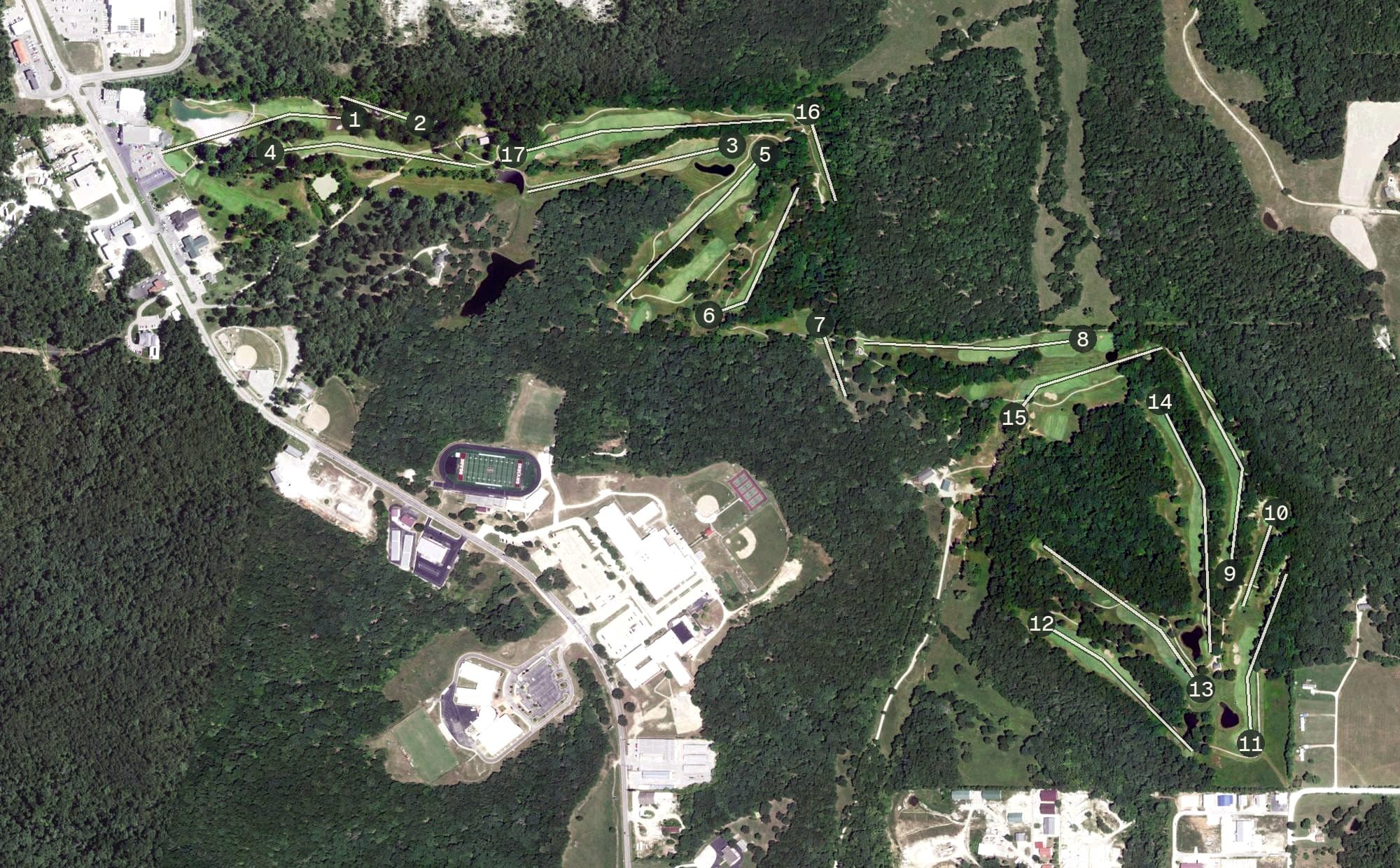 Aerial view of Bear Creek Valley Golf Club, MO, with its hole routing marked