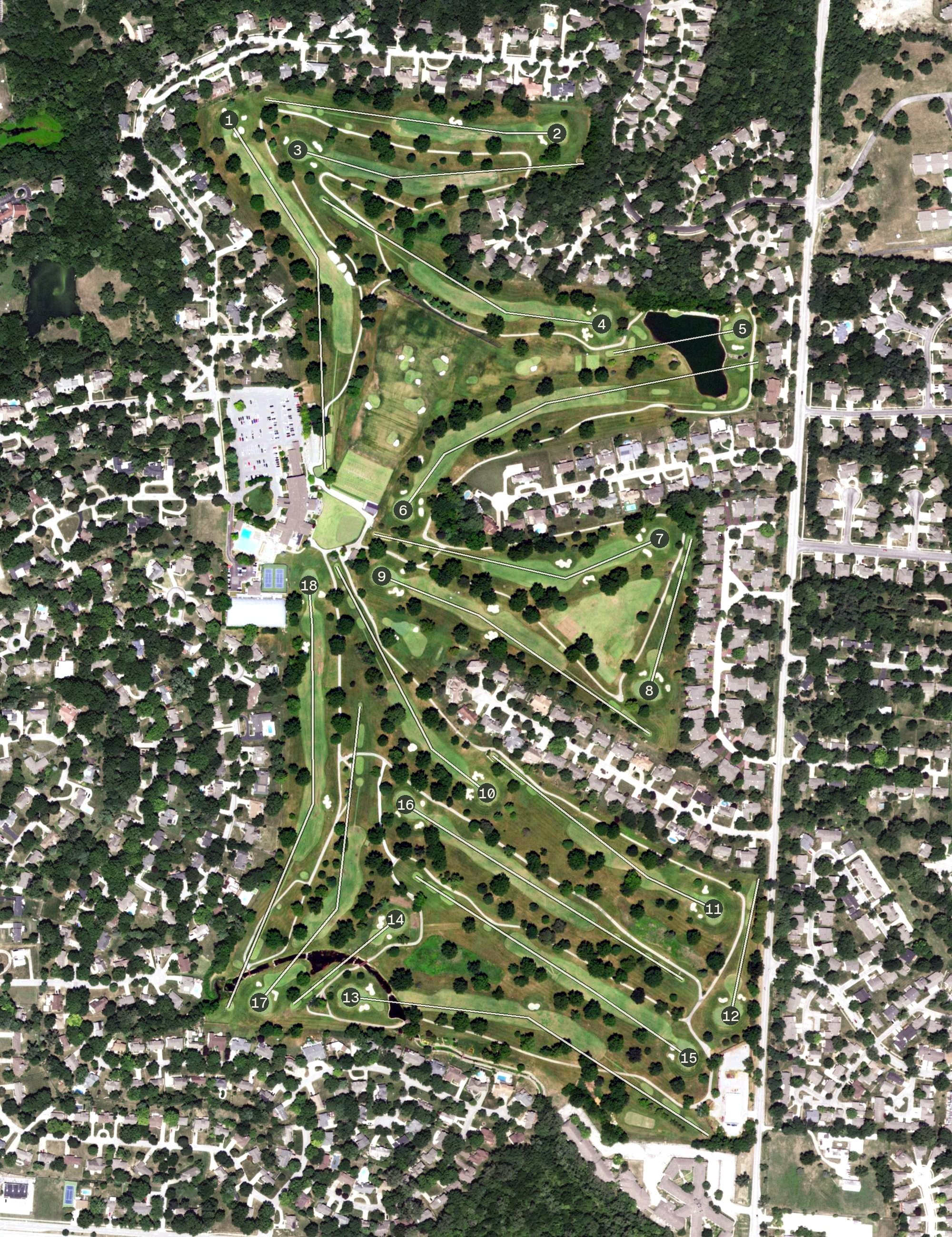 Aerial view of Blue Hills Country Club, MO, with its hole routing marked