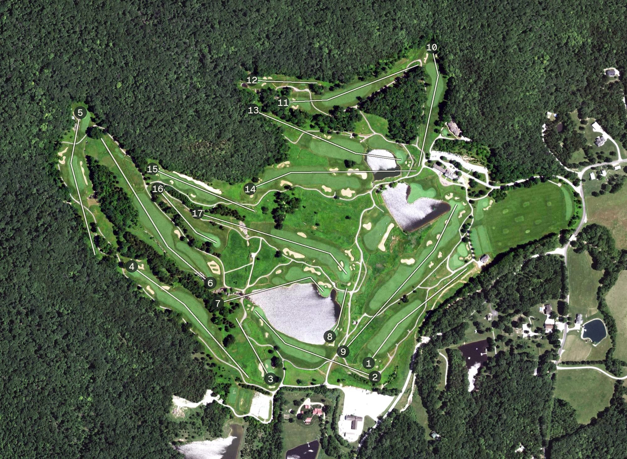 Aerial view of Boone Valley Golf Club, MO, with its hole routing marked