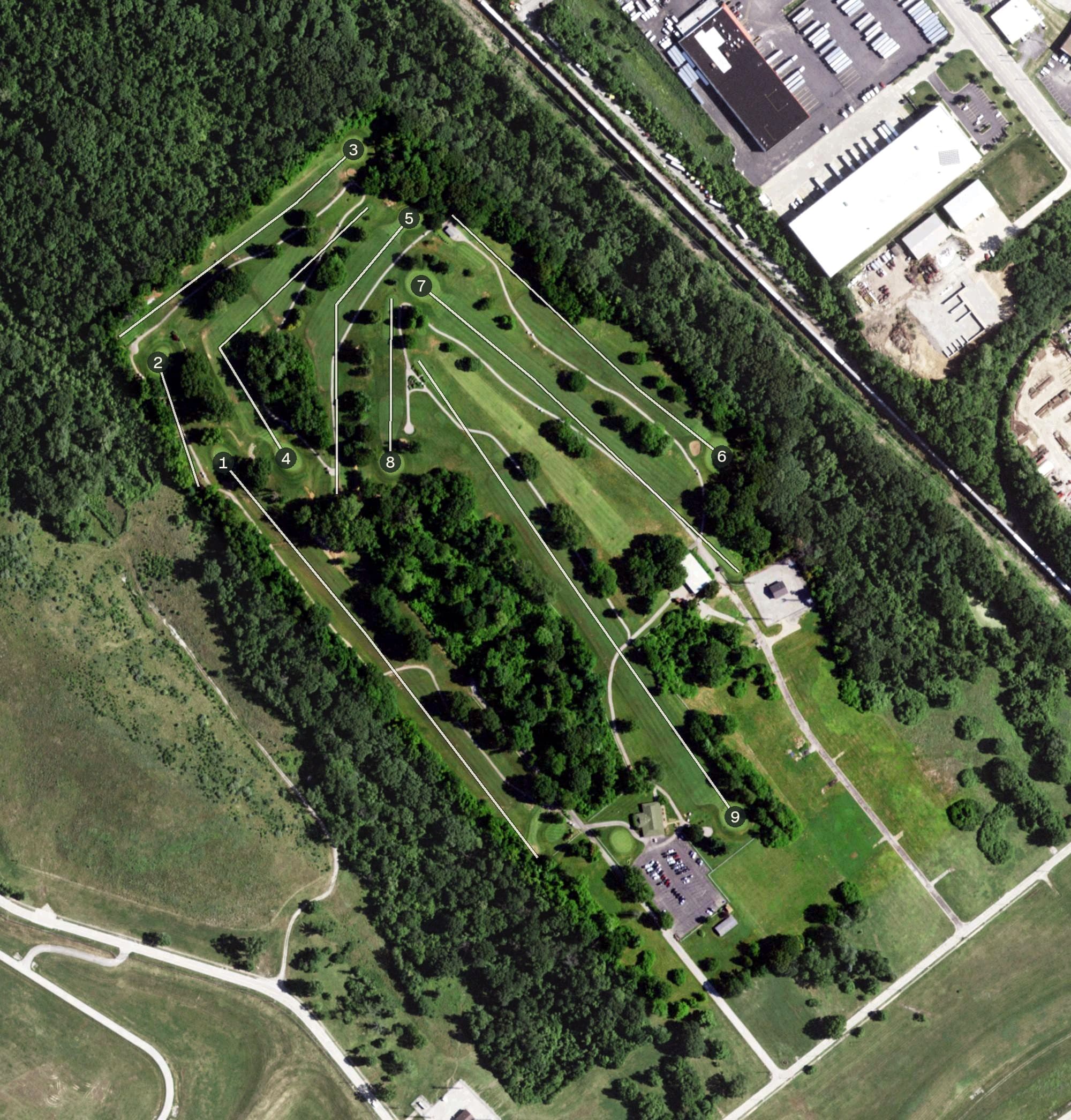 Aerial view of Bridgeton Berry Hill Golf Course, MO, with its hole routing marked