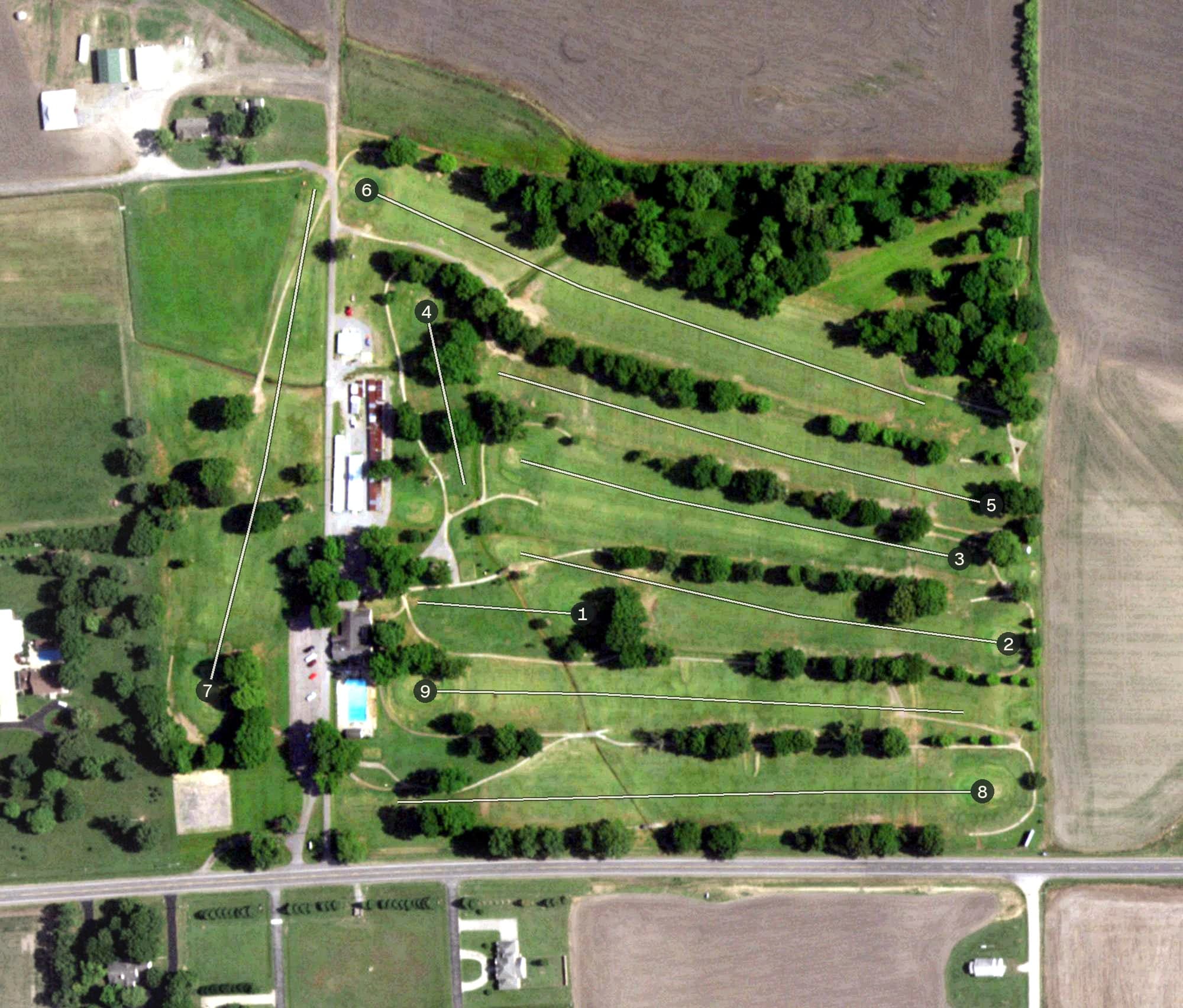 Aerial view of Charleston Country Club, MO, with its hole routing marked