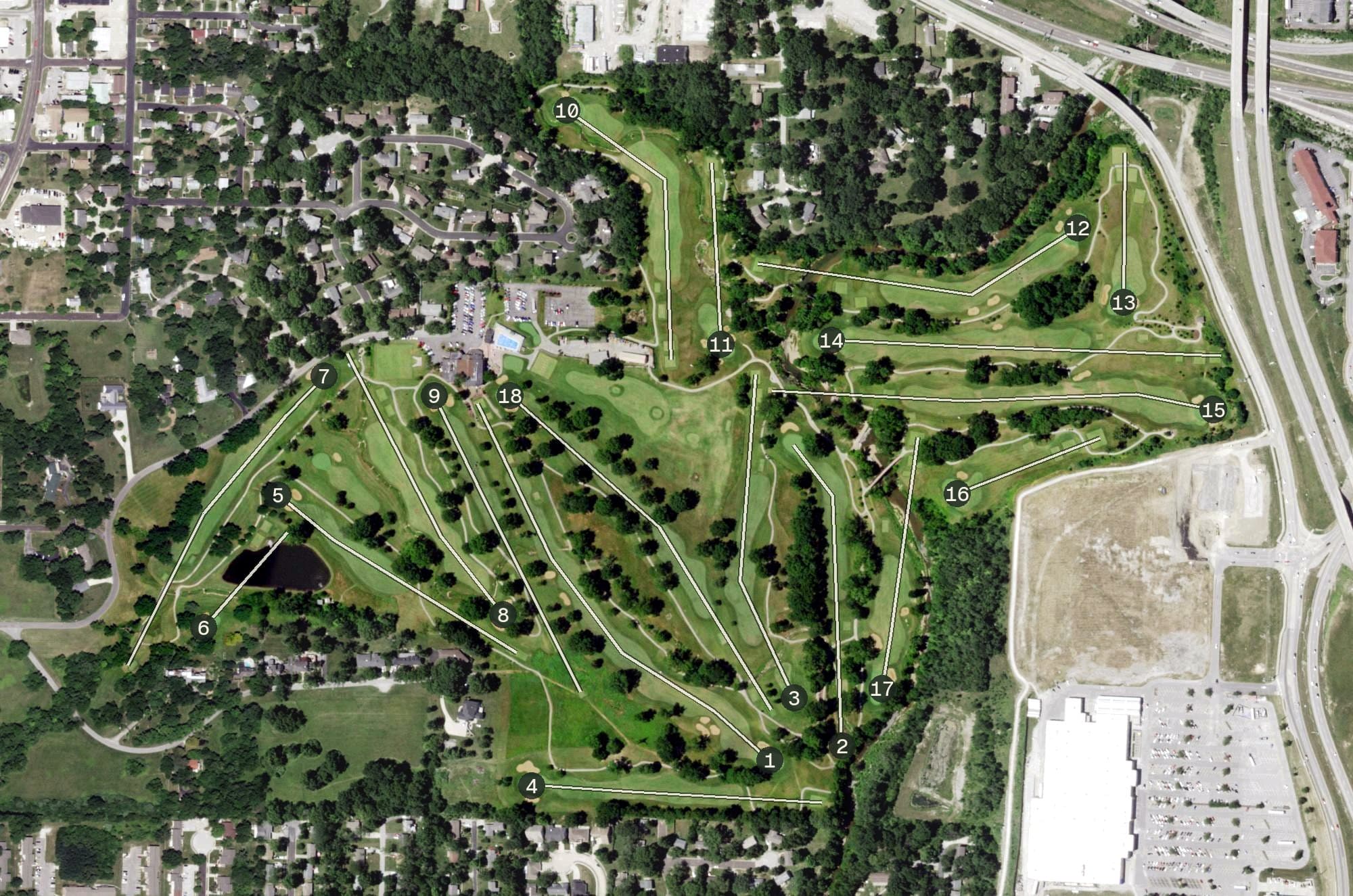 Aerial view of Columbia Country Club, MO, with its hole routing marked