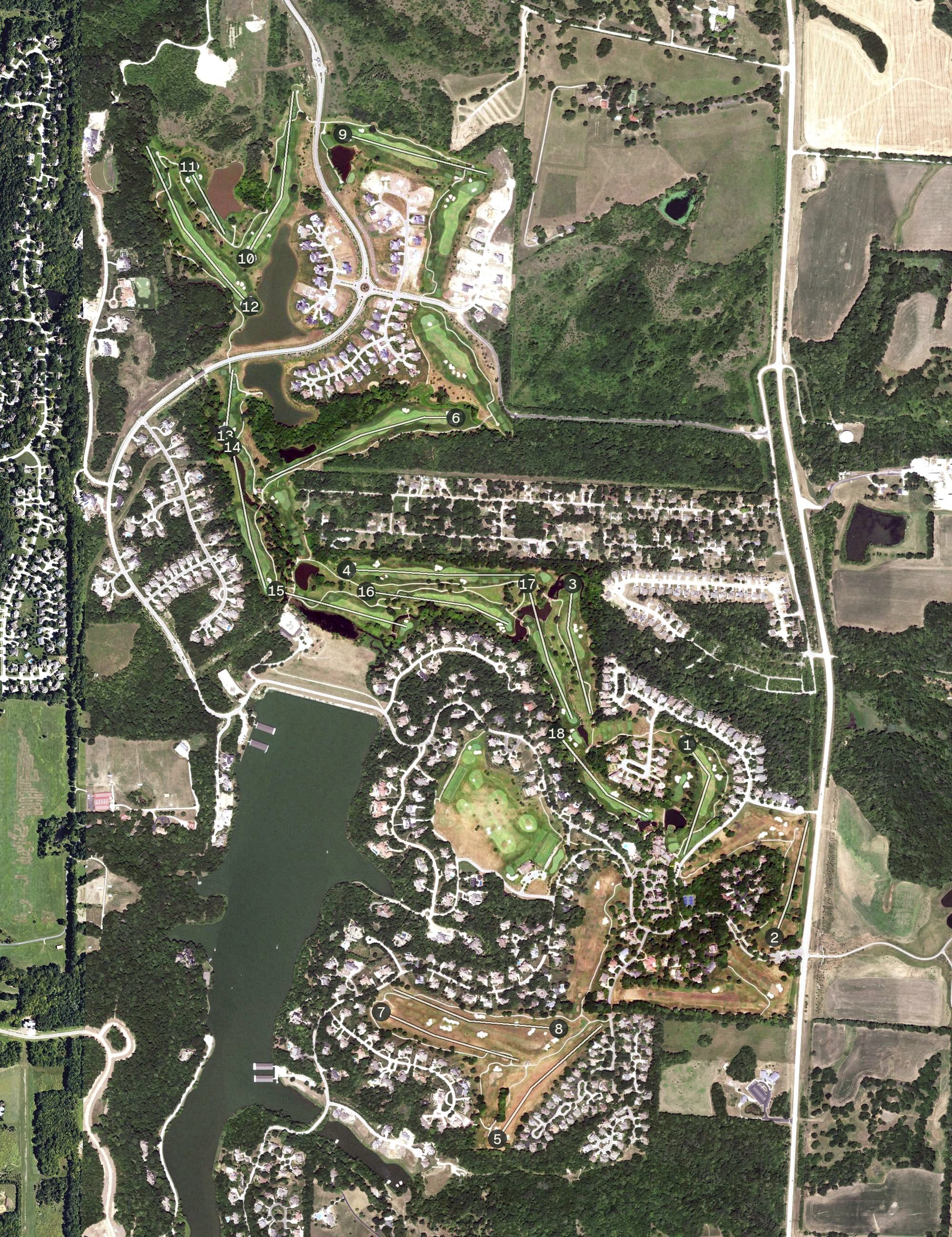 Aerial view of Country Club at Loch Lloyd, MO, with its hole routing marked