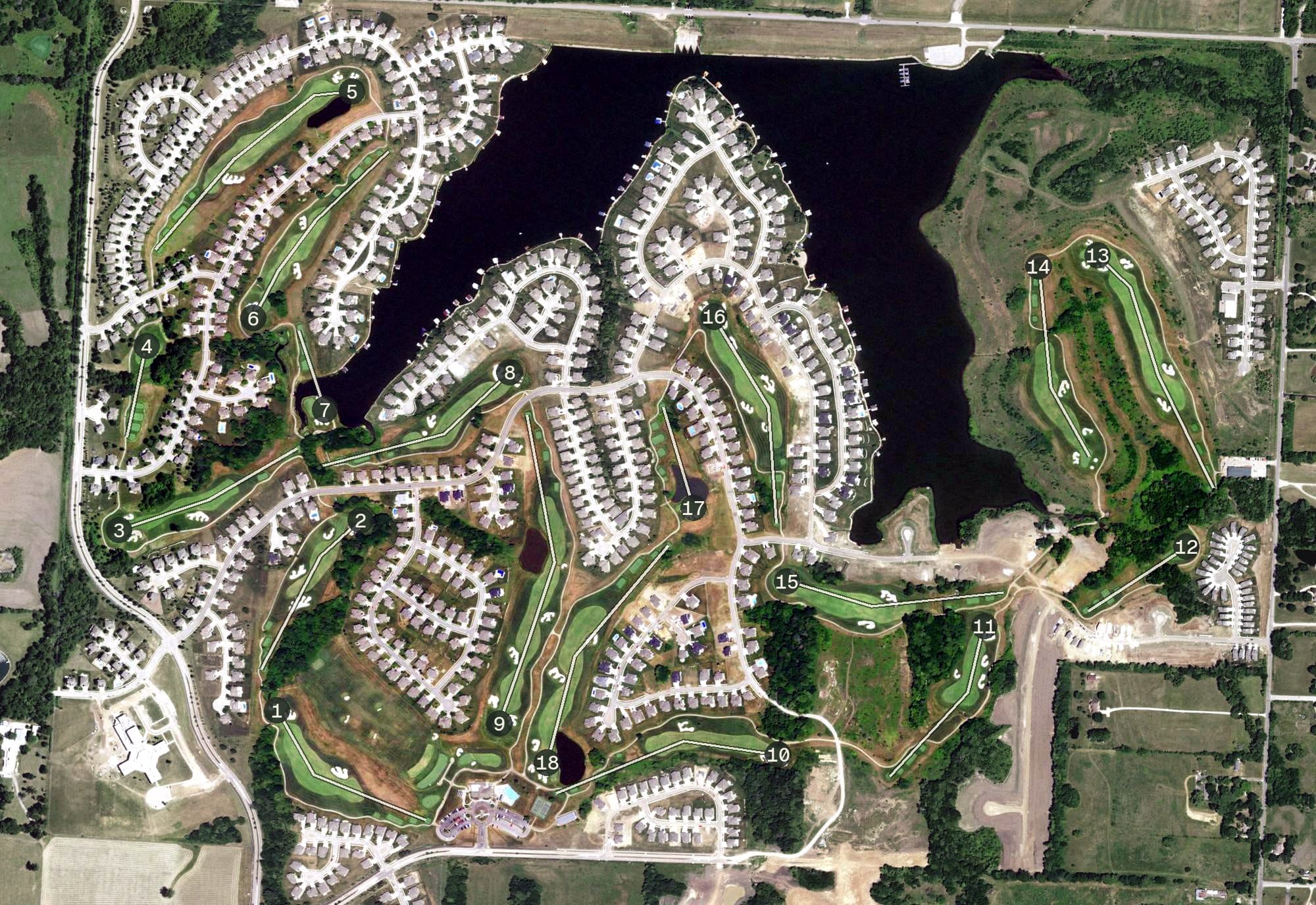 Aerial view of Creekmoor Golf Club, MO, with its hole routing marked