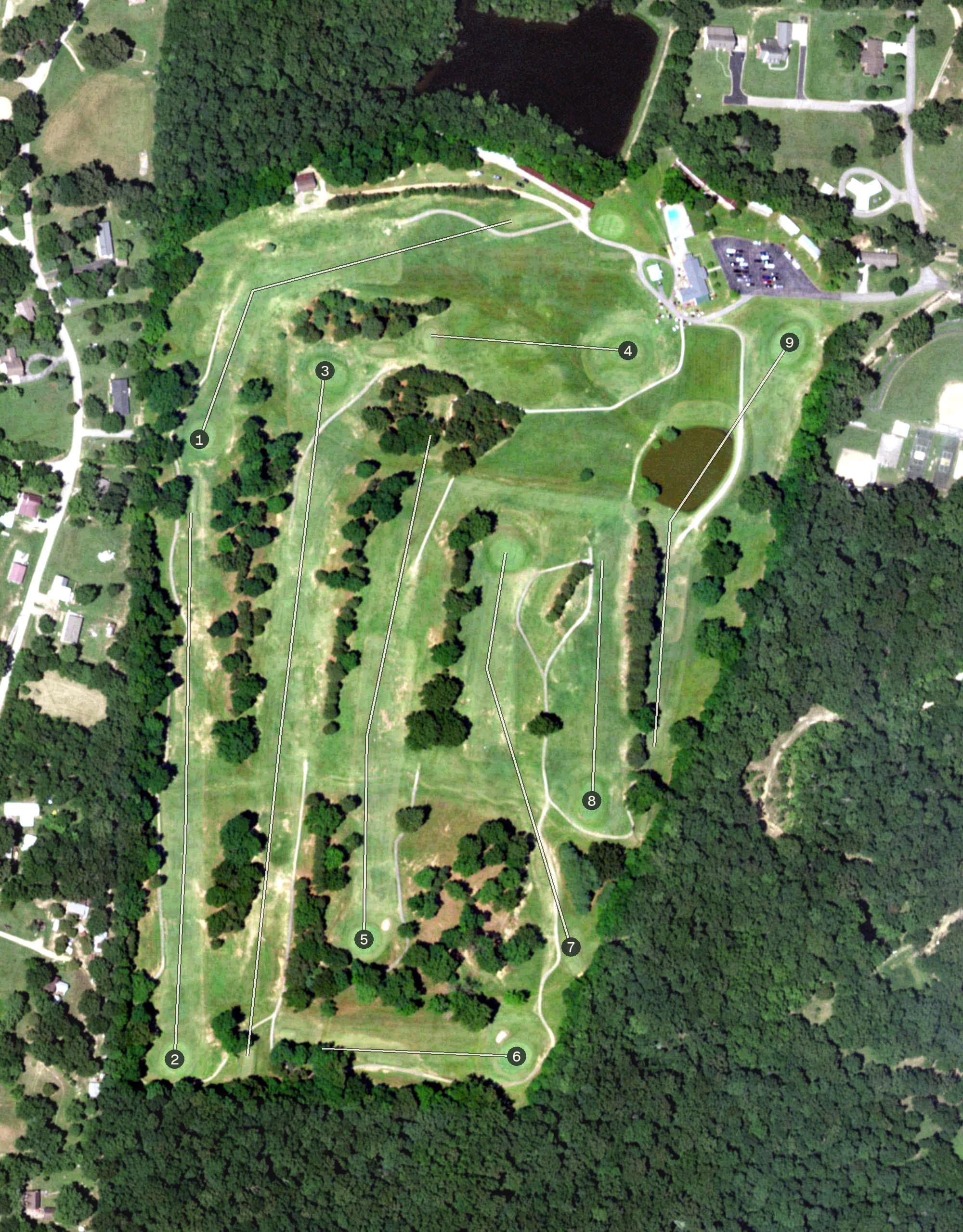 Aerial view of Crowley's Ridge Recreation Center, MO, with its hole routing marked