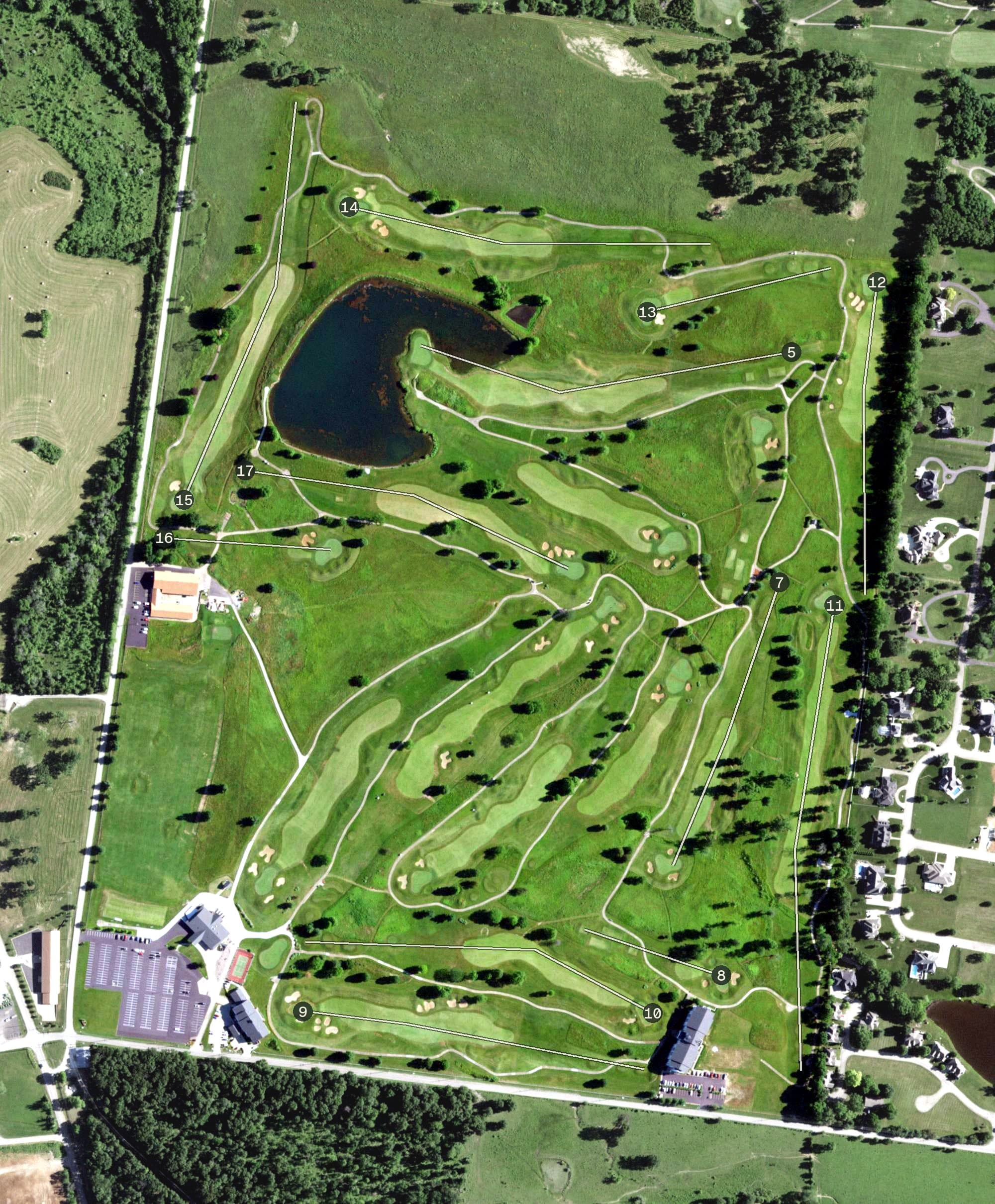 Aerial view of Crown Pointe Golf Club, MO, with its hole routing marked