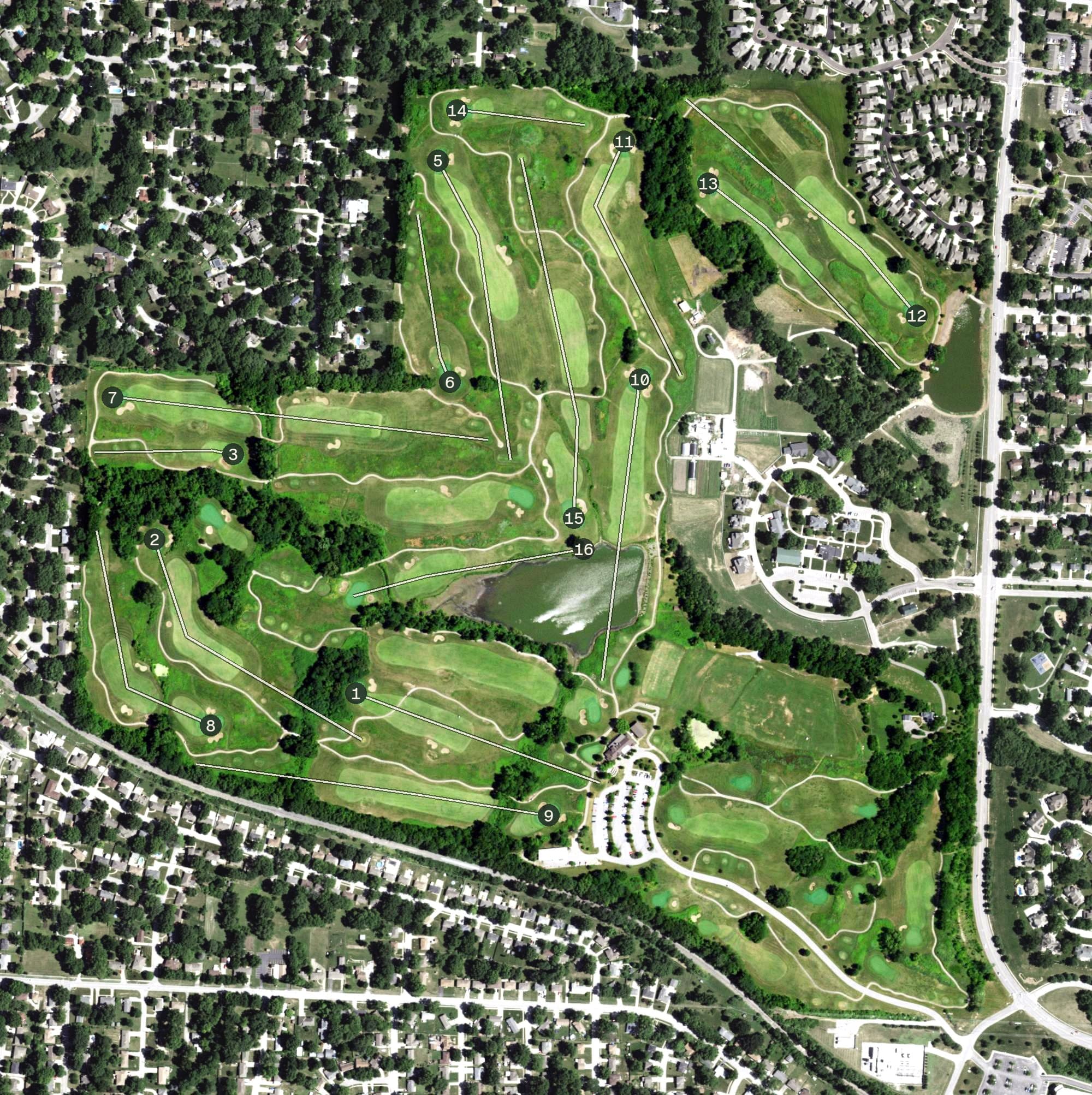 Aerial view of Drumm Farm Golf Club, MO, with its hole routing marked
