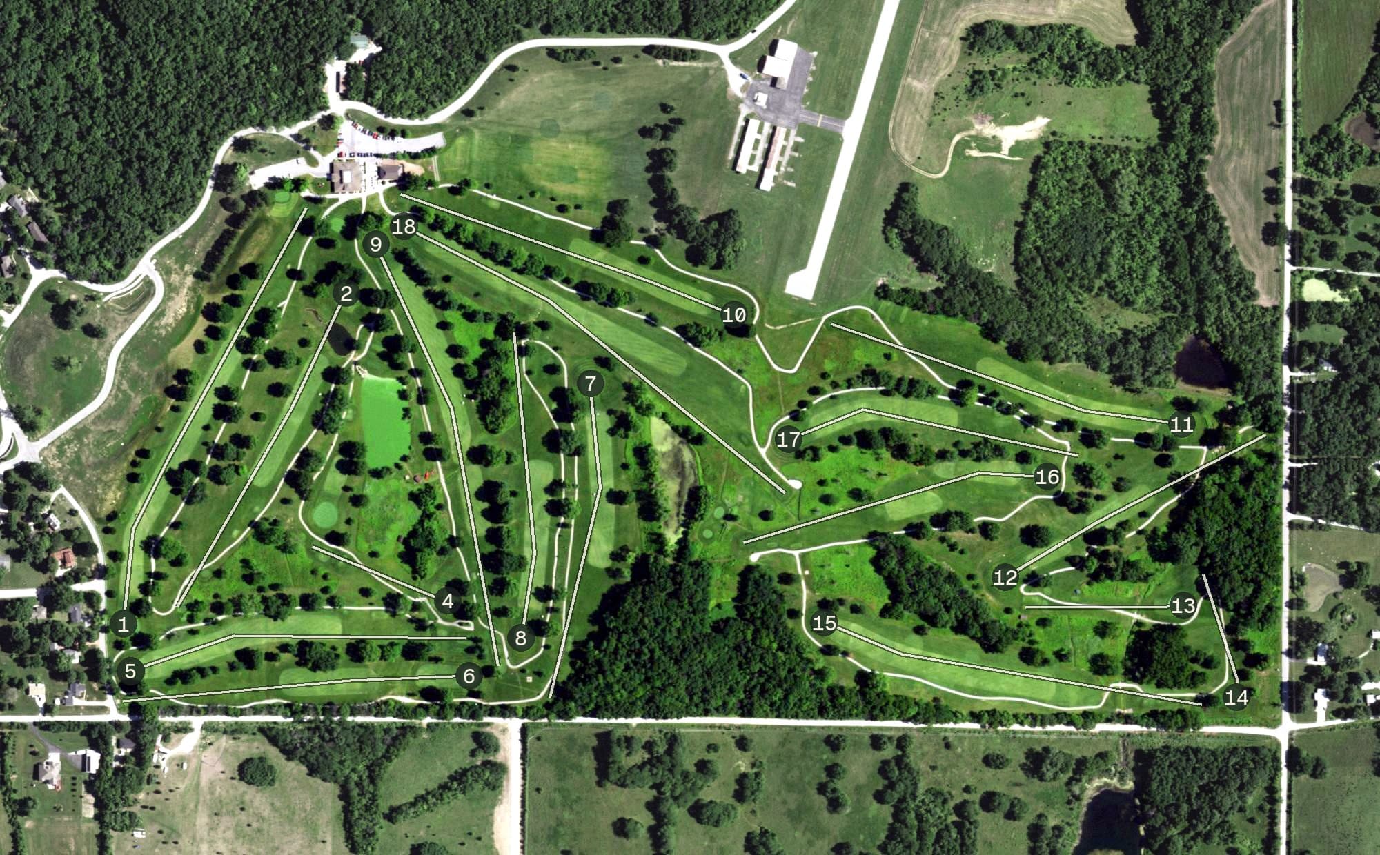 Aerial view of Excelsior Springs Golf Course, MO, with its hole routing marked