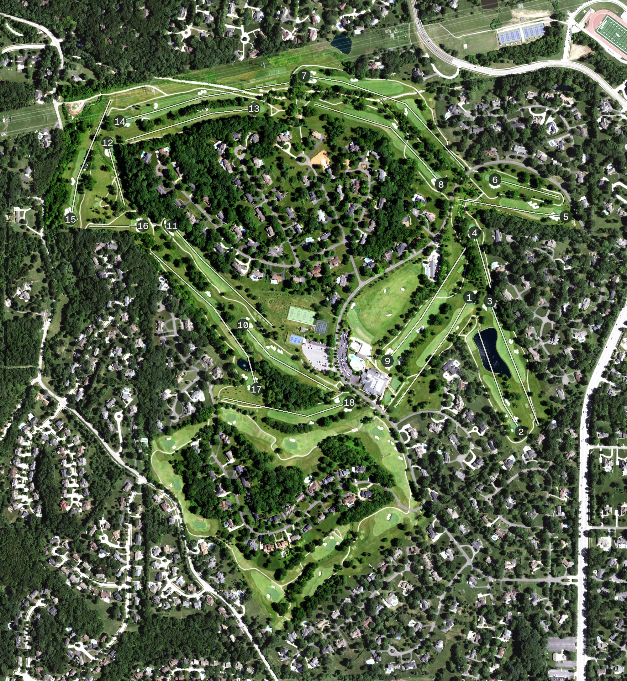 Aerial view of Forest Hills Country Club, MO, with its hole routing marked