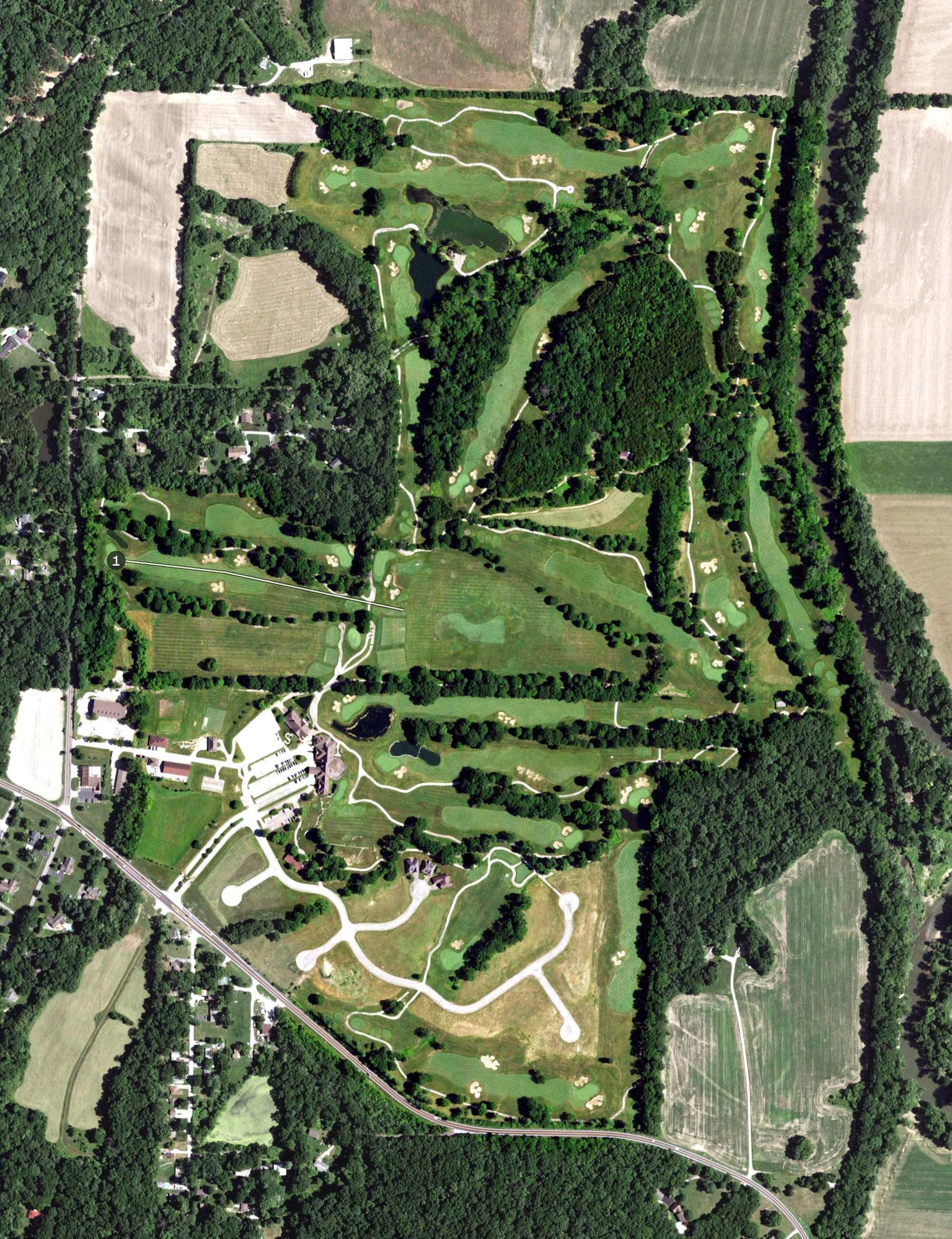 Aerial view of Fox Run Golf Club, MO, with its hole routing marked