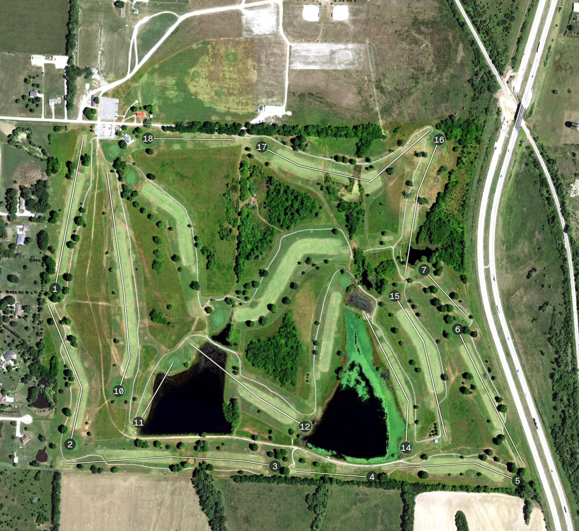 Aerial view of Frank E. Peters Municipal Golf Course, MO, with its hole routing marked