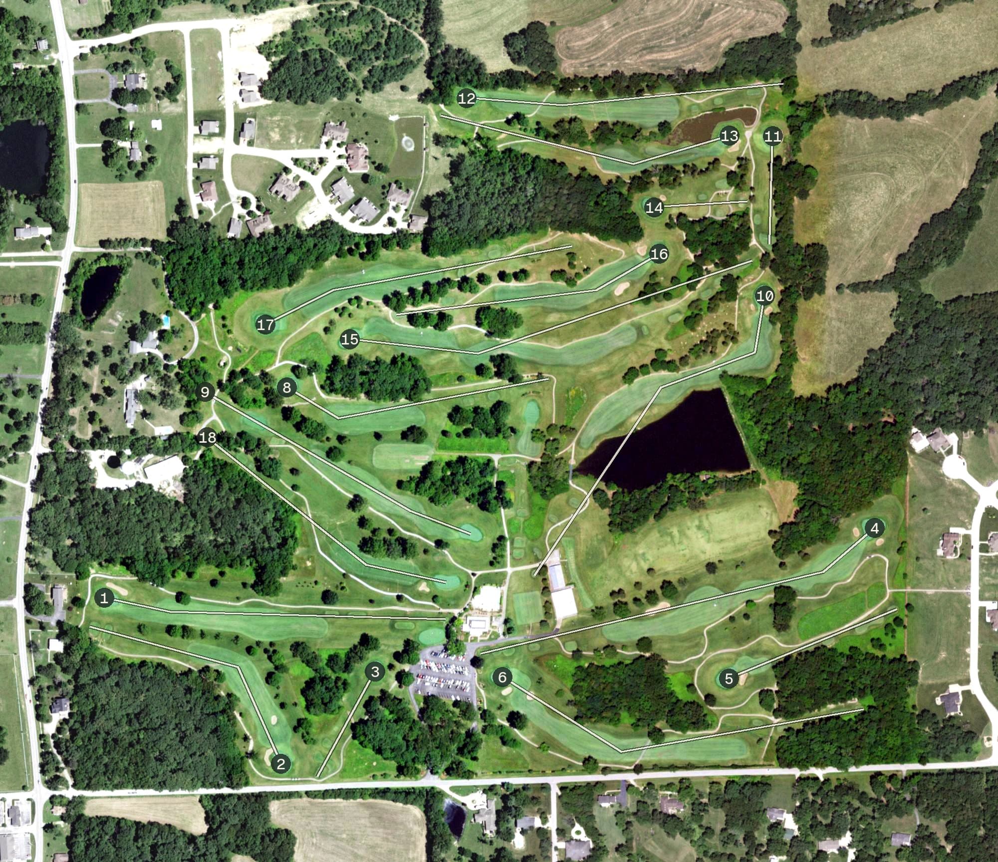 Aerial view of Franklin County Country Club, MO, with its hole routing marked