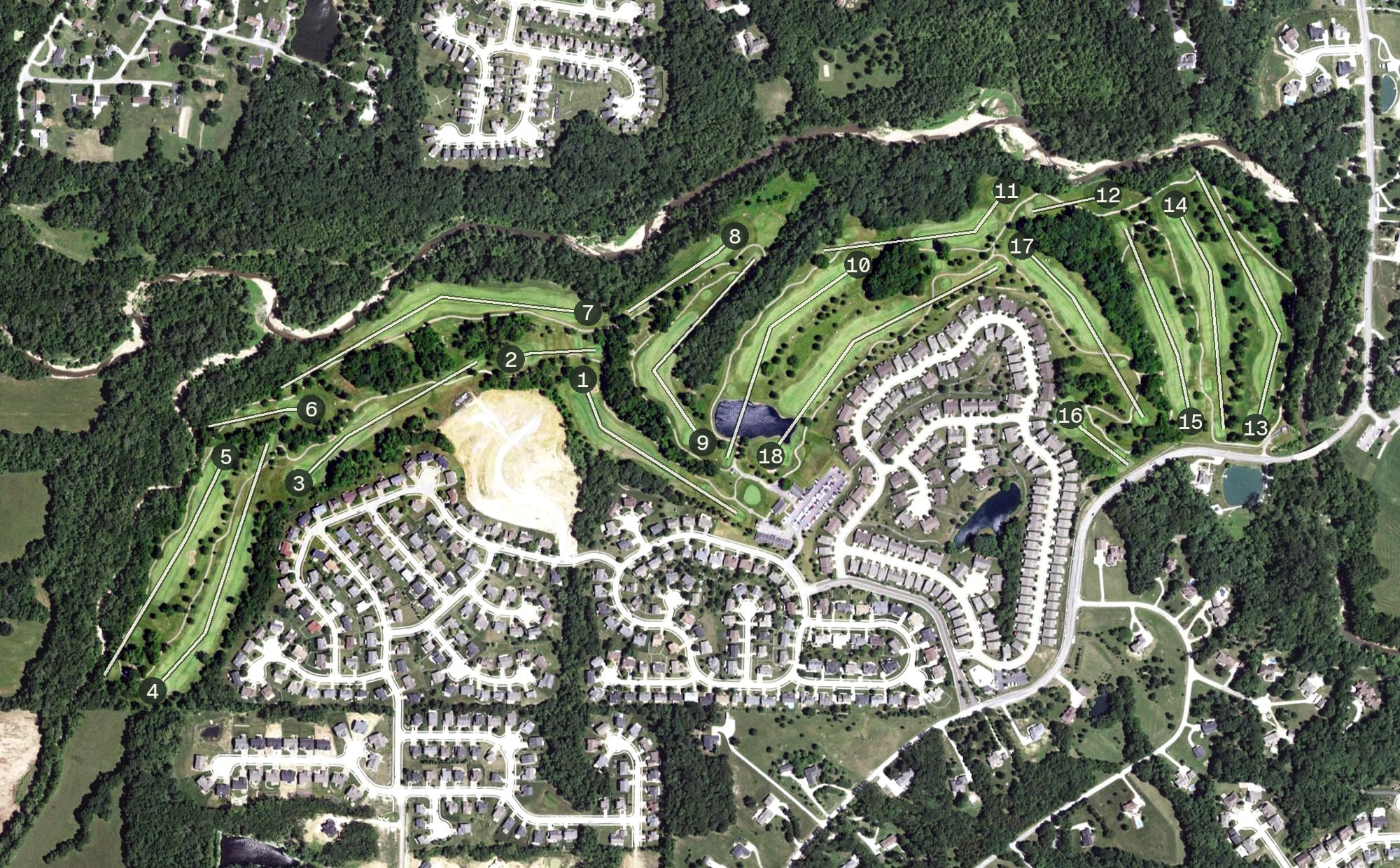 Aerial view of Golf Club of Wentzville, MO, with its hole routing marked