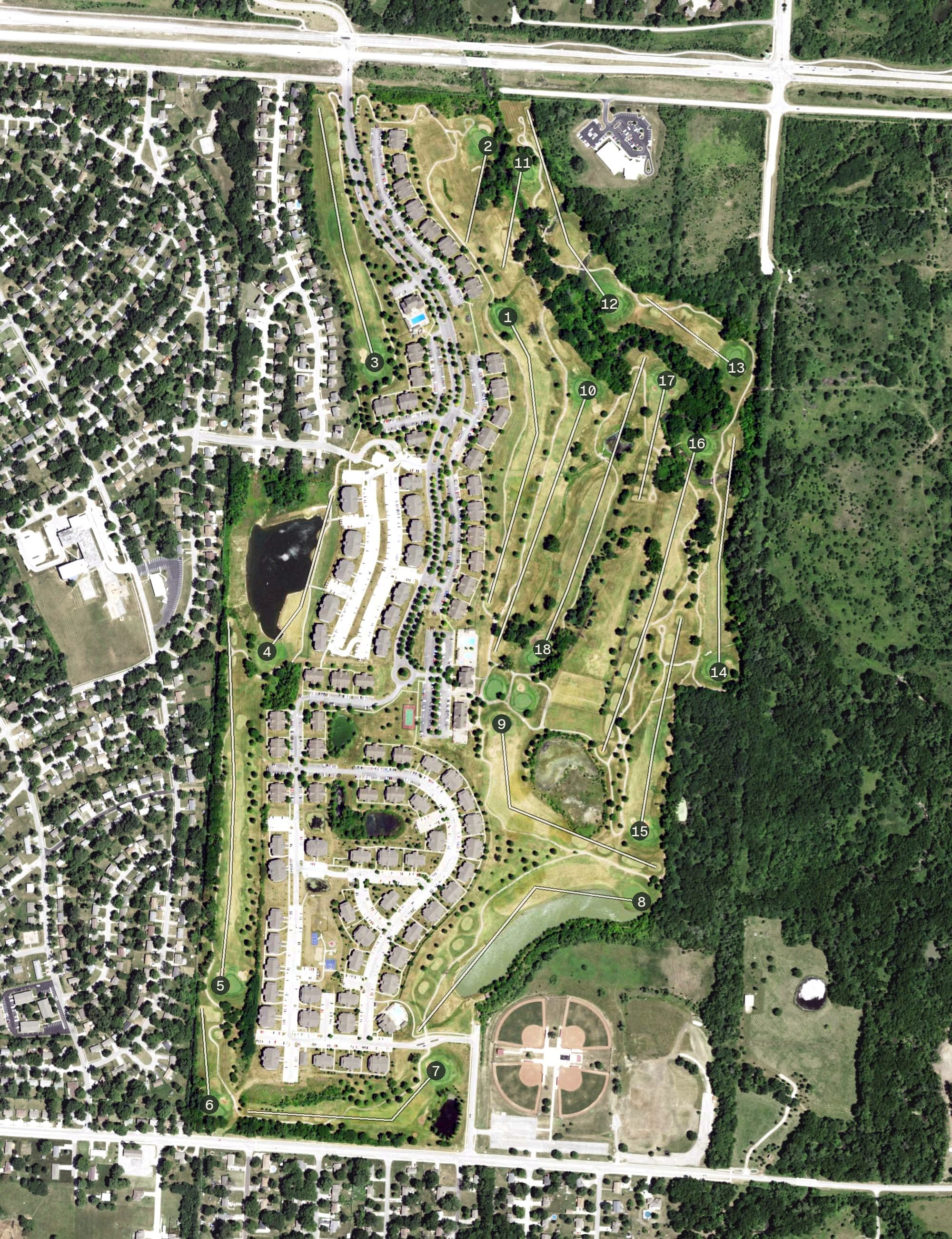Aerial view of Grand Summit Golf & Country Club, MO, with its hole routing marked